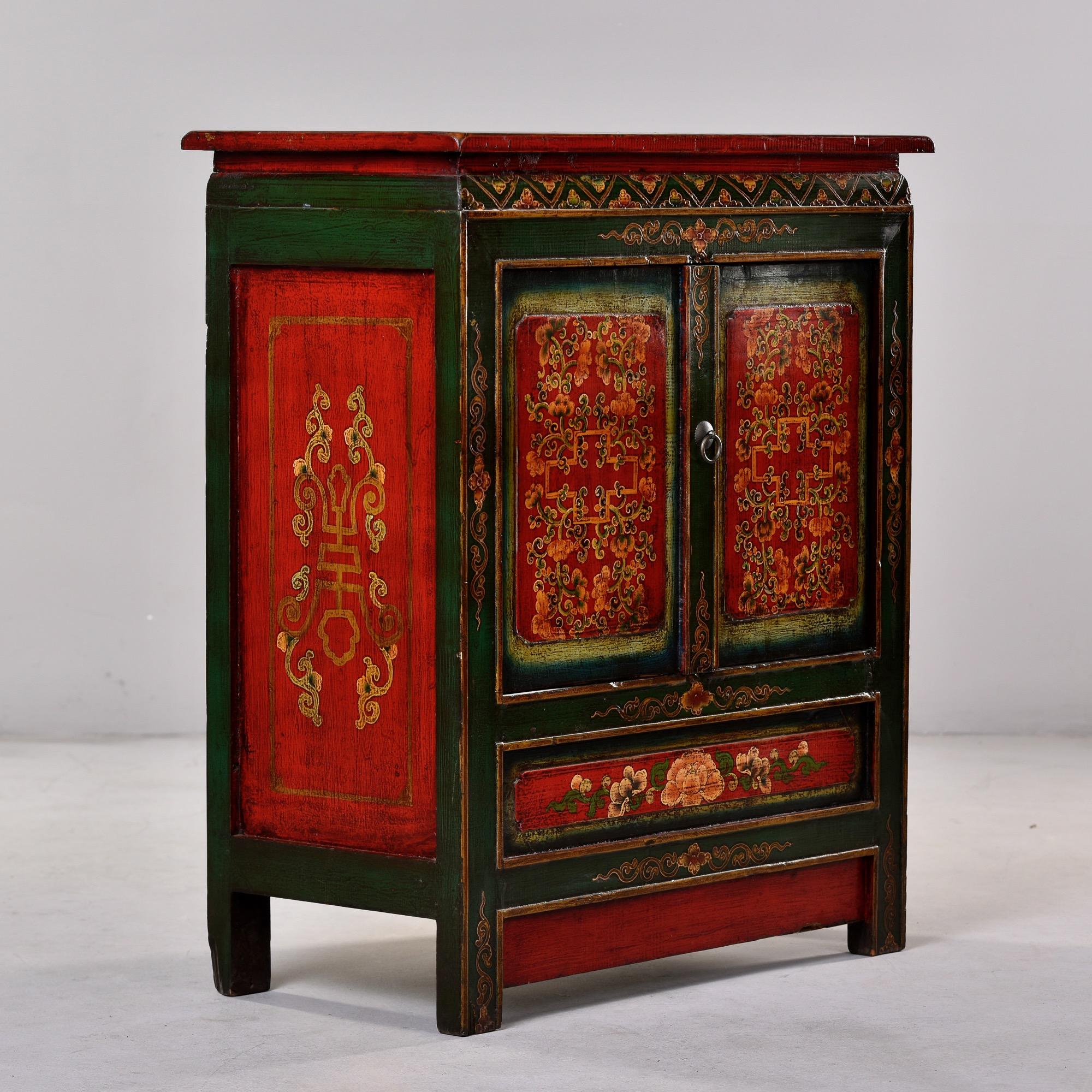Hand-Painted Early 20th C Small Hand Painted Red and Green Tibetan Cabinet