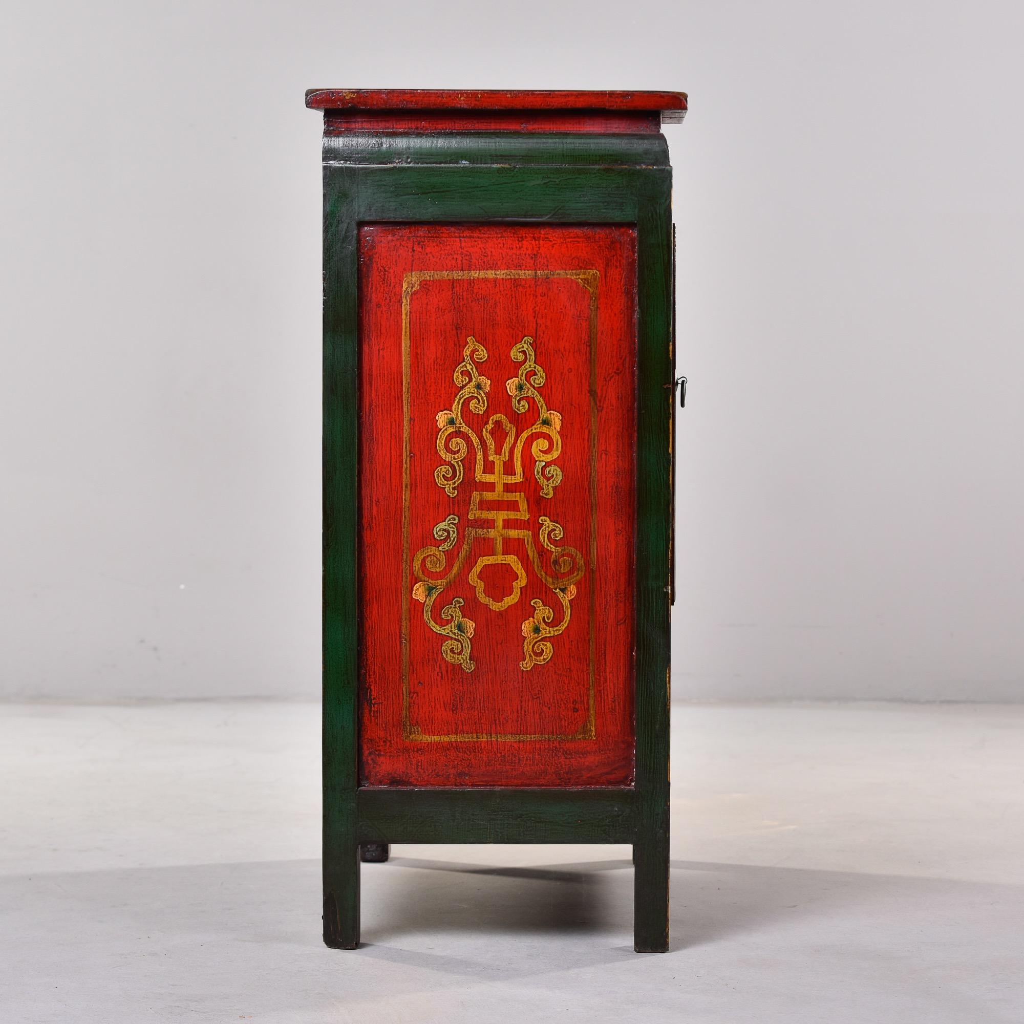 Early 20th C Small Hand Painted Red and Green Tibetan Cabinet In Good Condition In Troy, MI