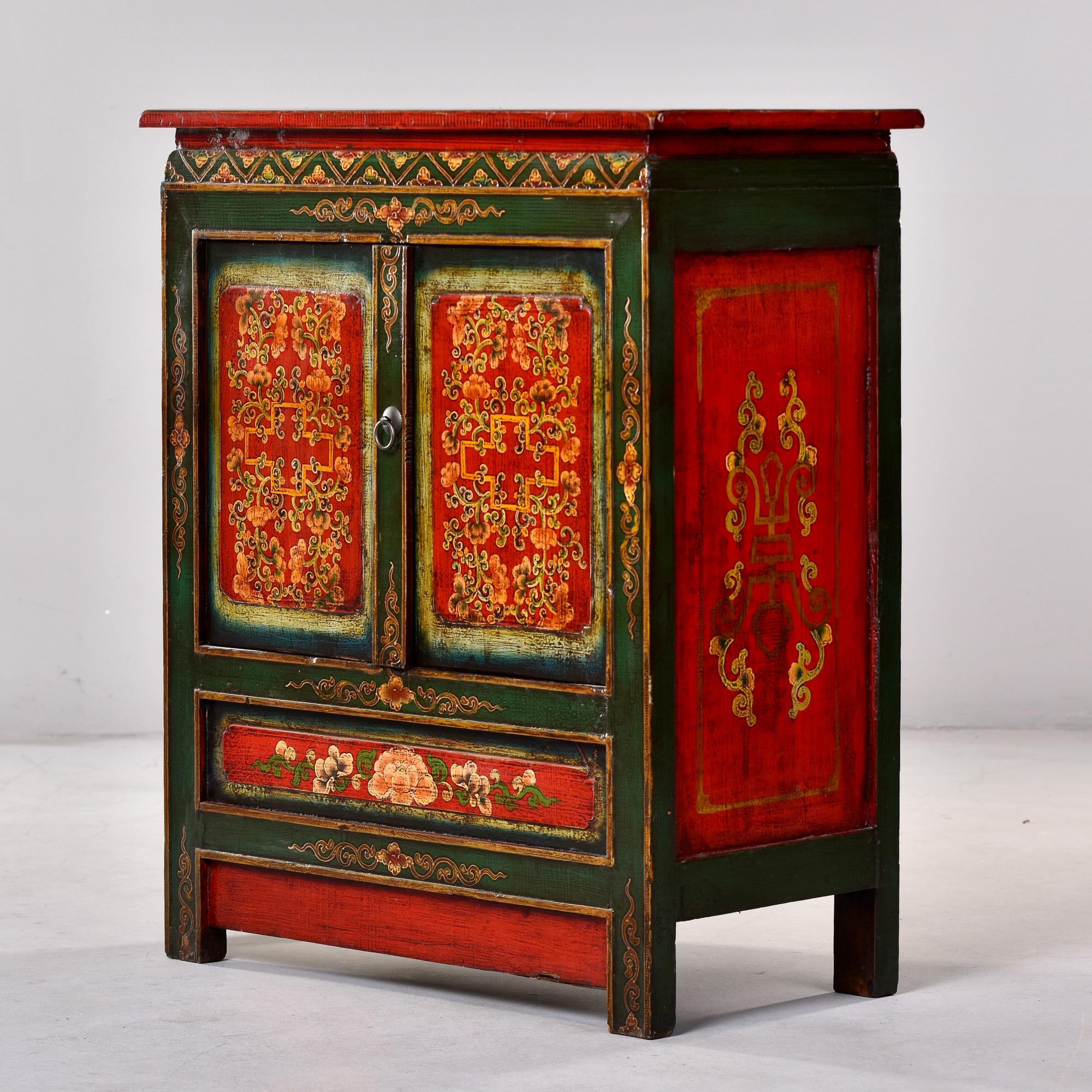 Early 20th C Small Hand Painted Red and Green Tibetan Cabinet 2