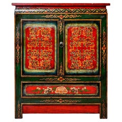 Antique Early 20th C Small Hand Painted Red and Green Tibetan Cabinet