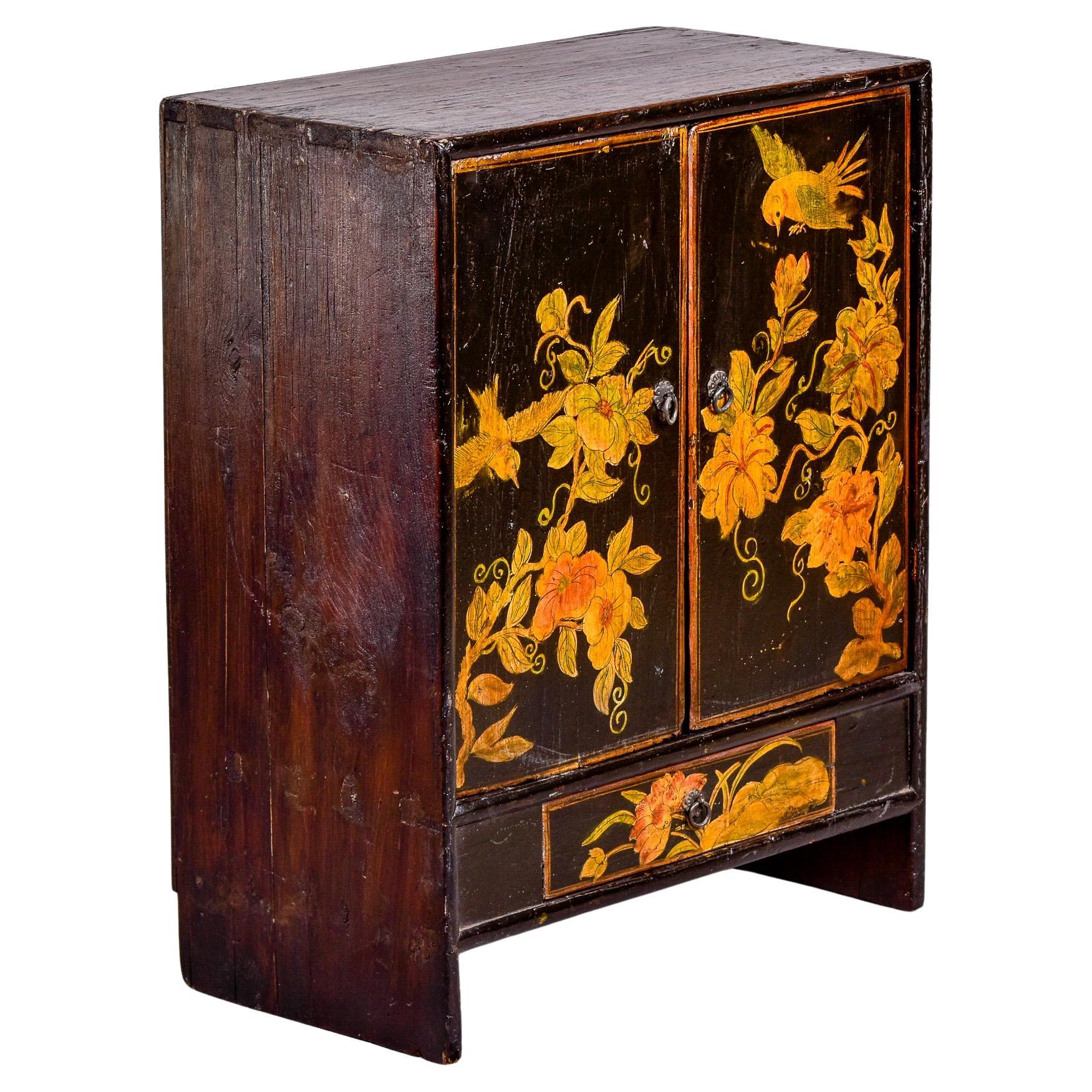 Early 20th C Small Painted Chinese Cabinet with Birds