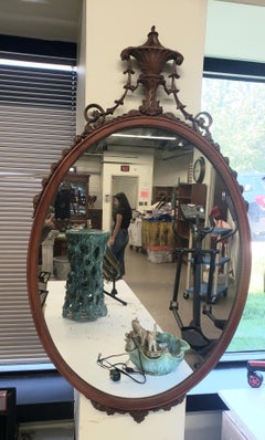 Early 20th C. Solid Carved Mahogany George III Style Oval Mirror