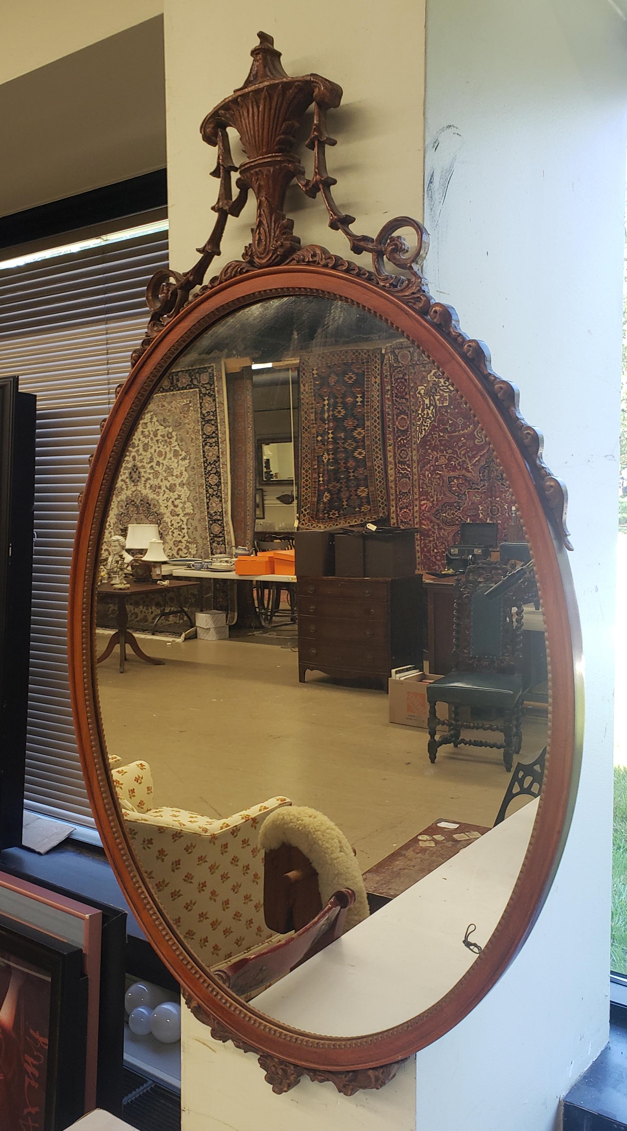 20th Century Early 20th C. Solid Carved Mahogany George III Style Oval Mirror  For Sale