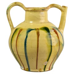 Early 20th C Striped French Ceramic Pot with Spout Handle