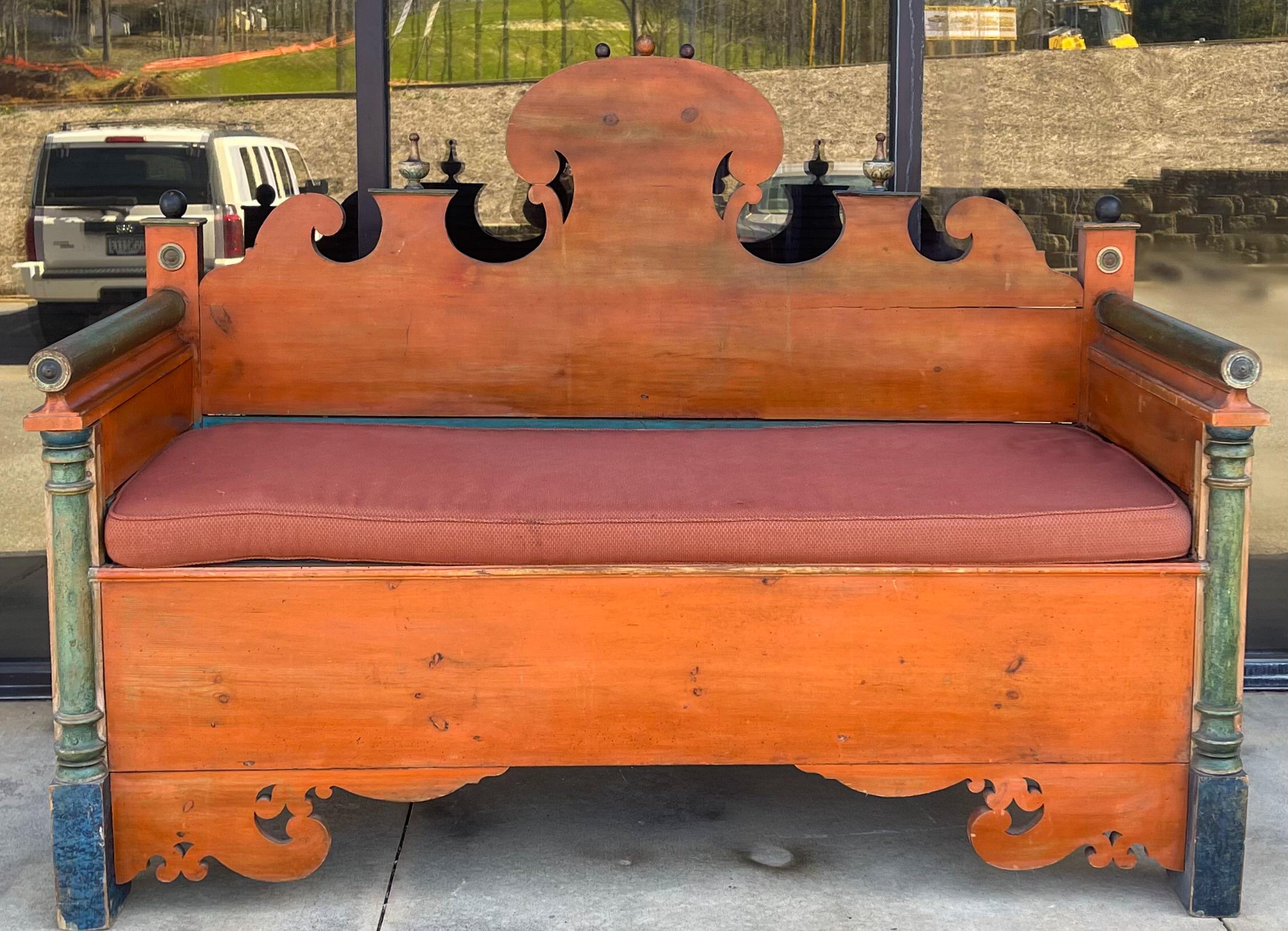 Early 20th-C. Swedish Rustic Painted Pine Bench or Settee with Storage For Sale 12