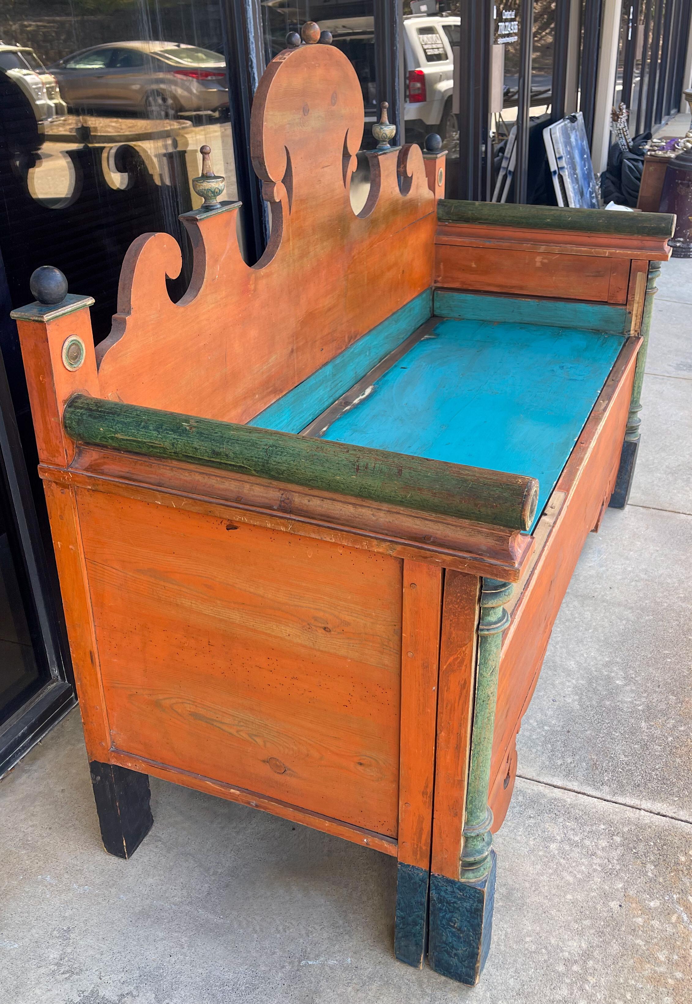 Early 20th-C. Swedish Rustic Painted Pine Bench or Settee with Storage 13