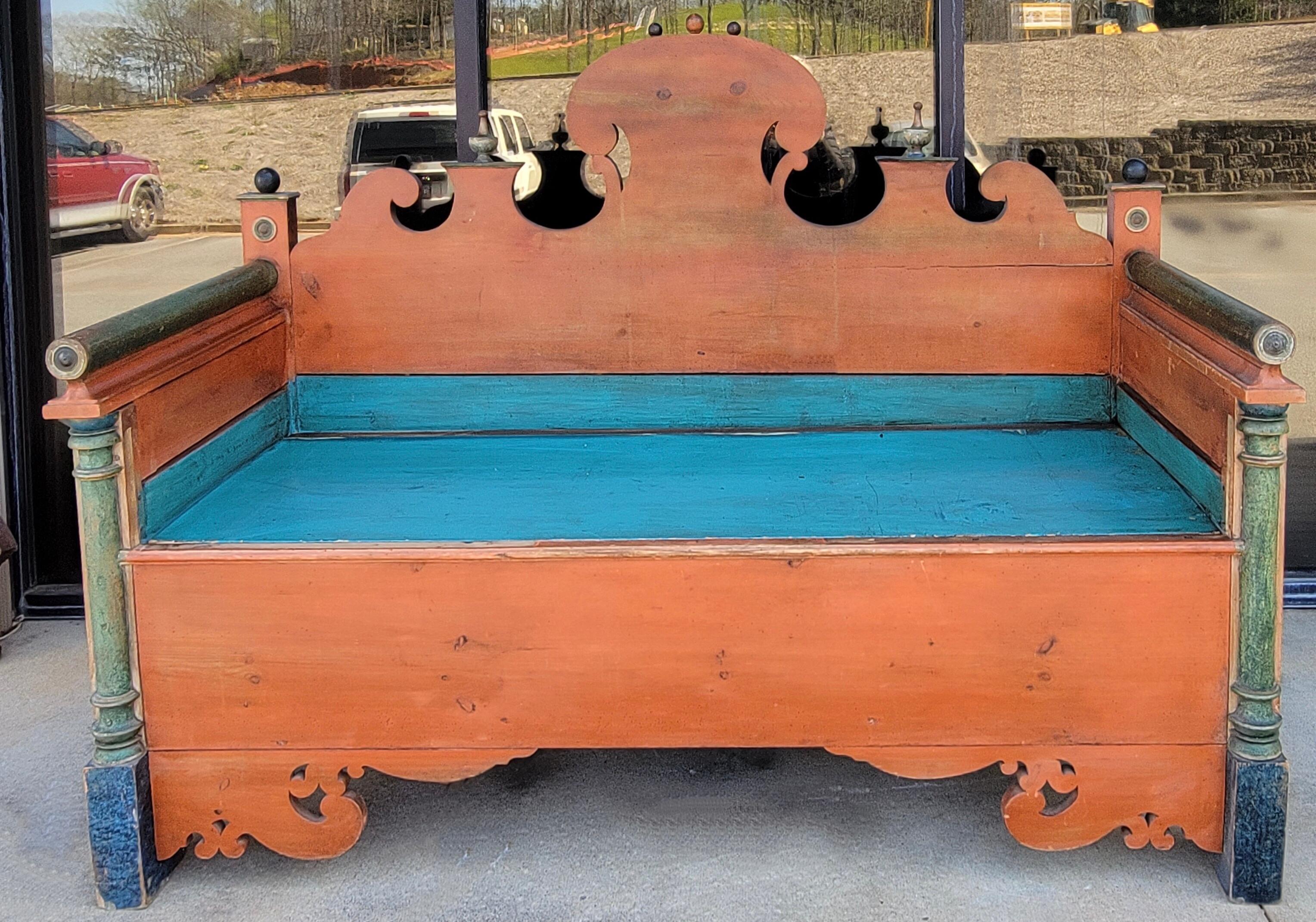 Early 20th-C. Swedish Rustic Painted Pine Bench or Settee with Storage For Sale 1