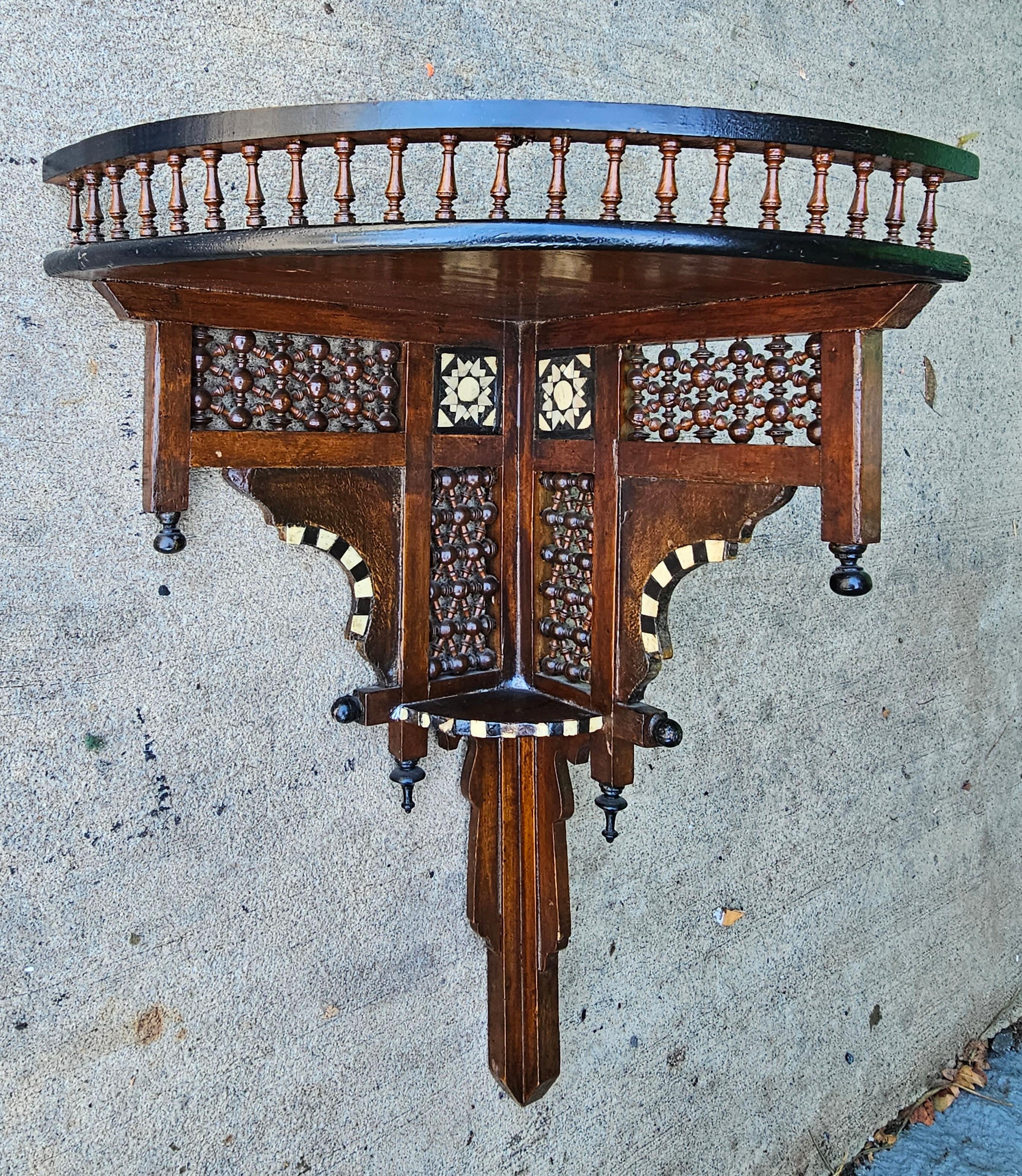 Early 20th Century Exquisite Syrian Bone And Ebony Wood Inlaid Mahogany Corner Wall Shelf. Very fine details. 
Measures 16