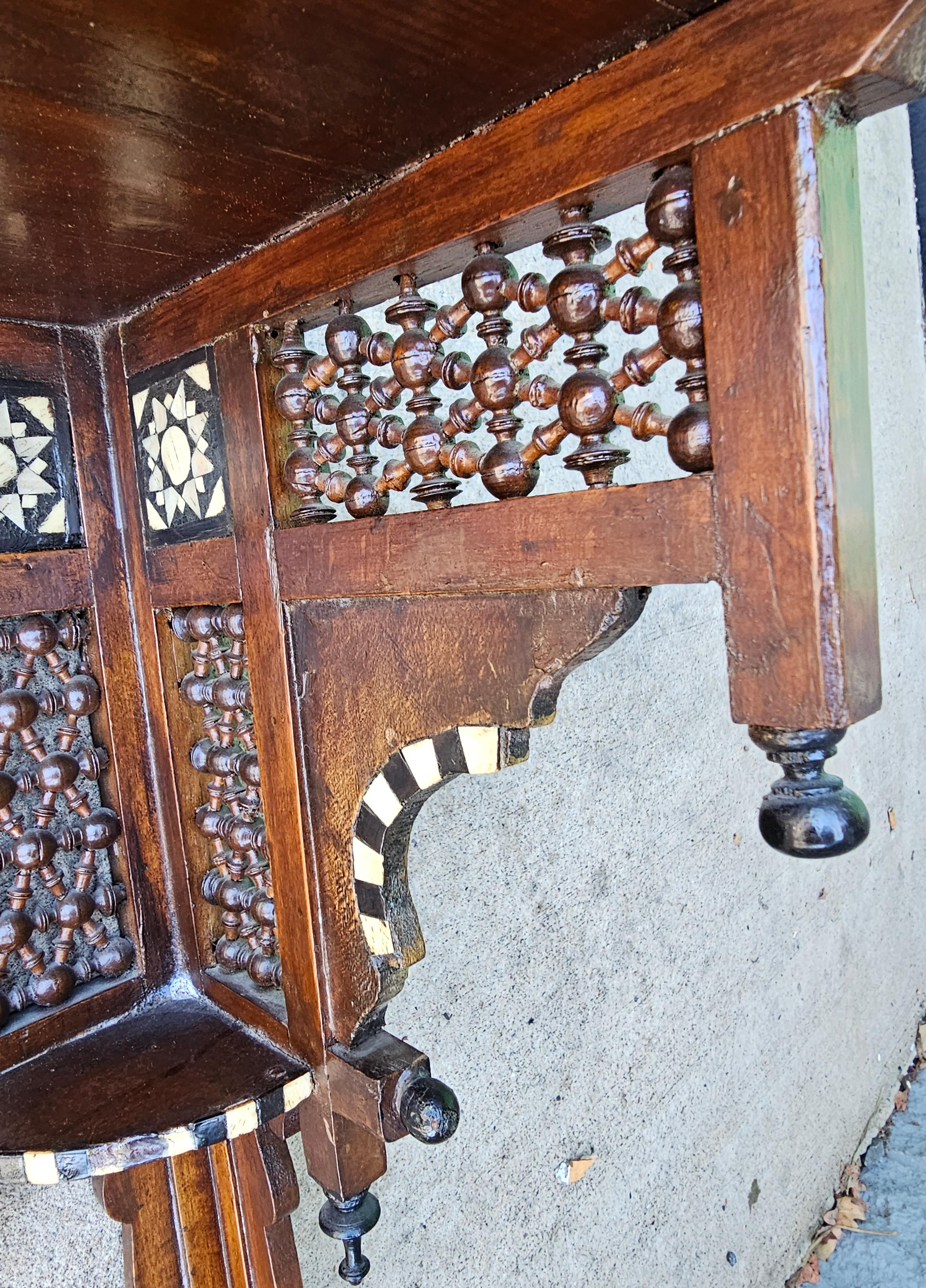 Mid-Century Modern Early 20th C. Syrian Bone And Ebony Wood Inlaid Mahogany Corner Wall Shelf For Sale