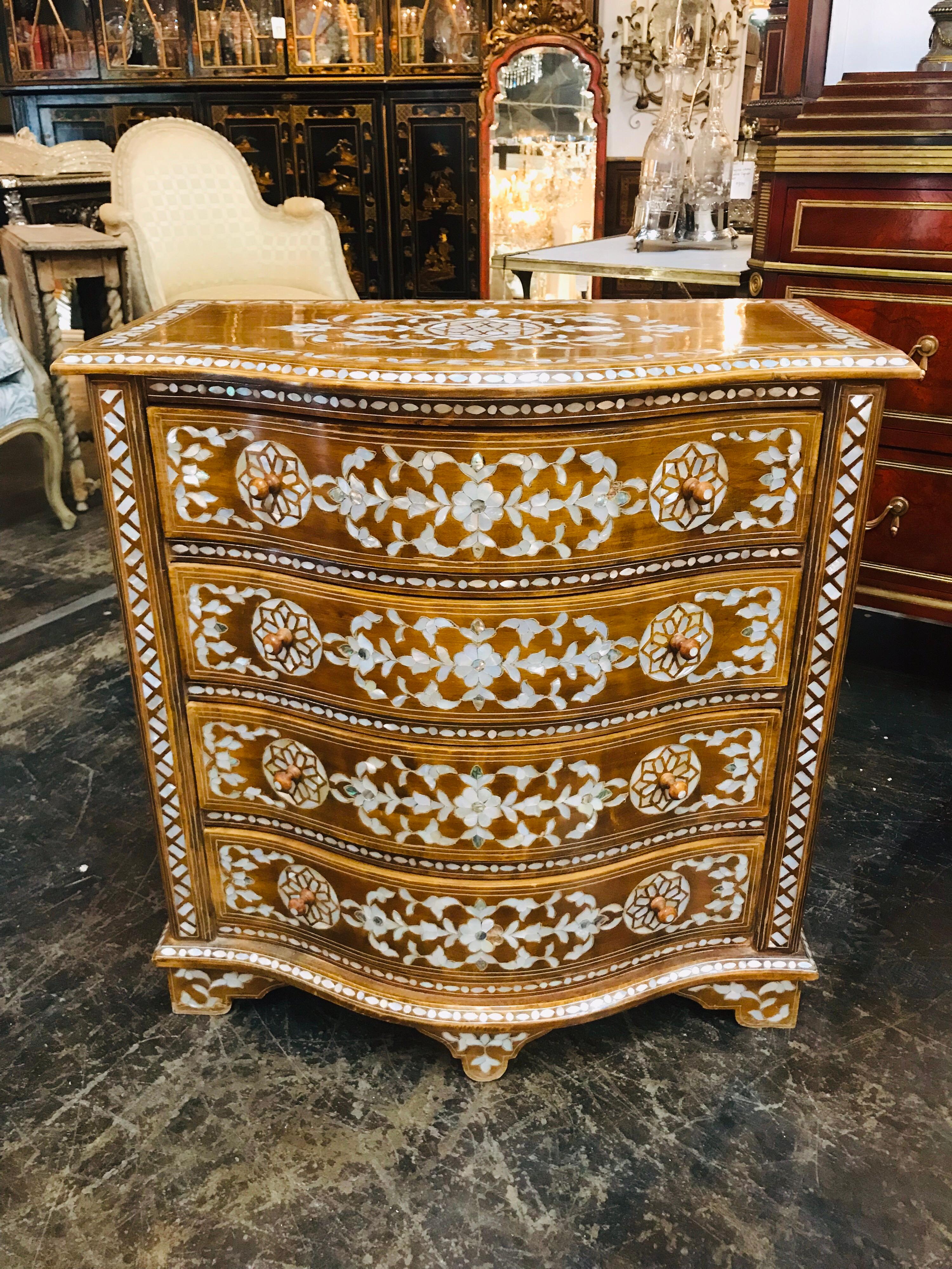 Beautiful Syrian chest in great medium size. The northern of pearl inlay truly “pops” making this chest a real head turner and statement piece. Perfect for today’s design and ready to mix with modern or fine antiques.