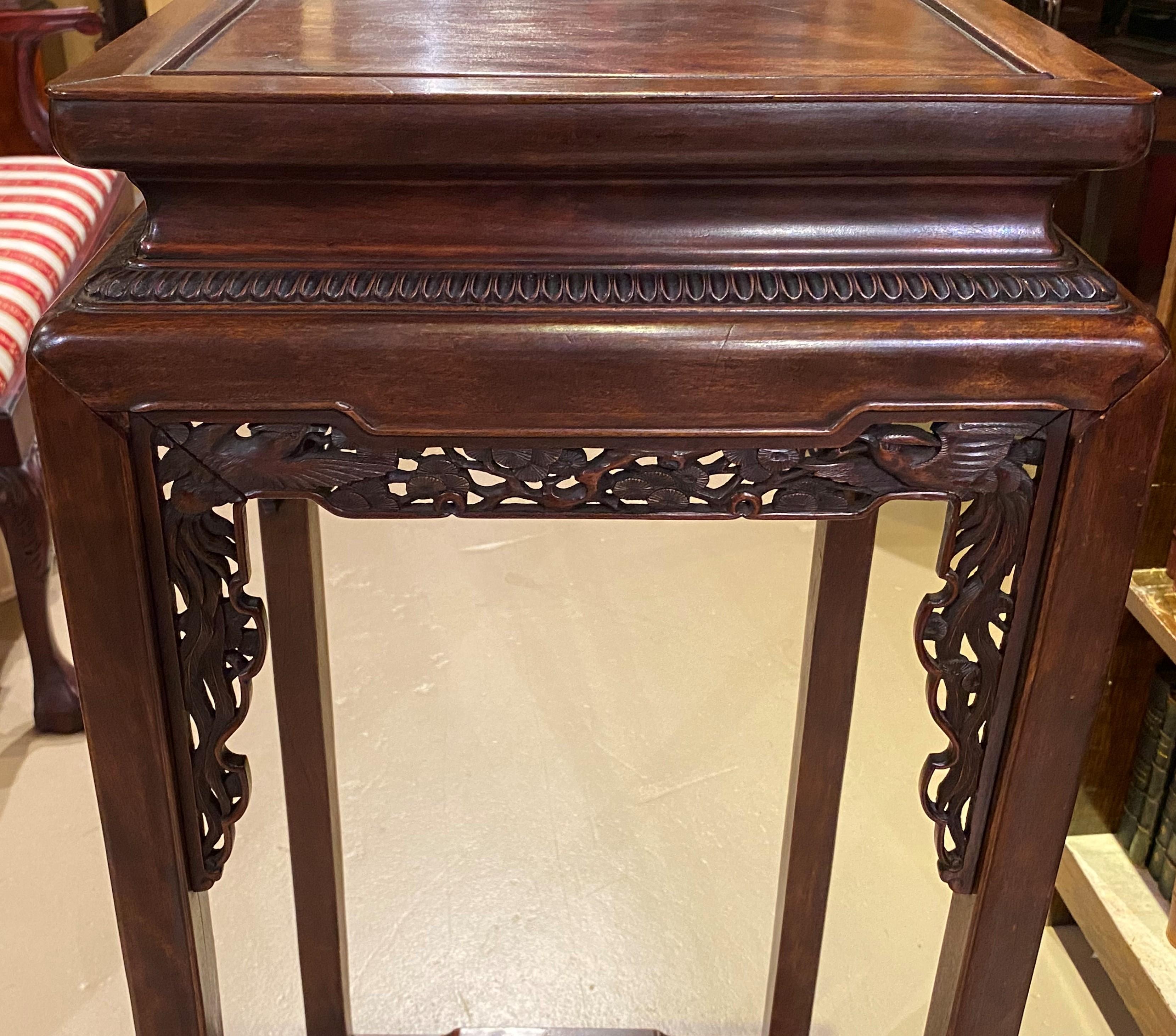 Early 20th C Tall Chinese Hardwood Side Table with Carved Bird Decoration For Sale 5