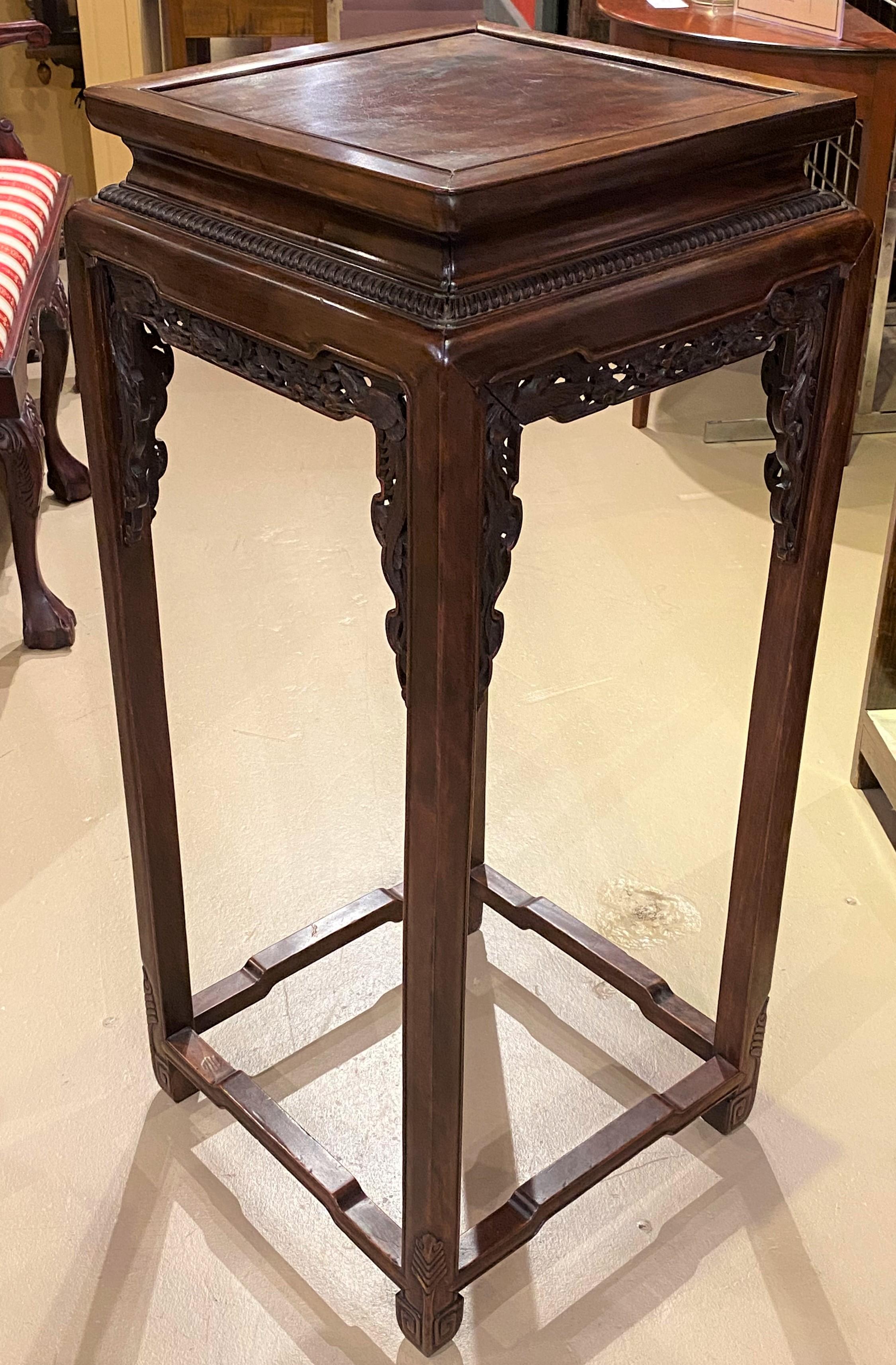 Hand-Carved Early 20th C Tall Chinese Hardwood Side Table with Carved Bird Decoration For Sale