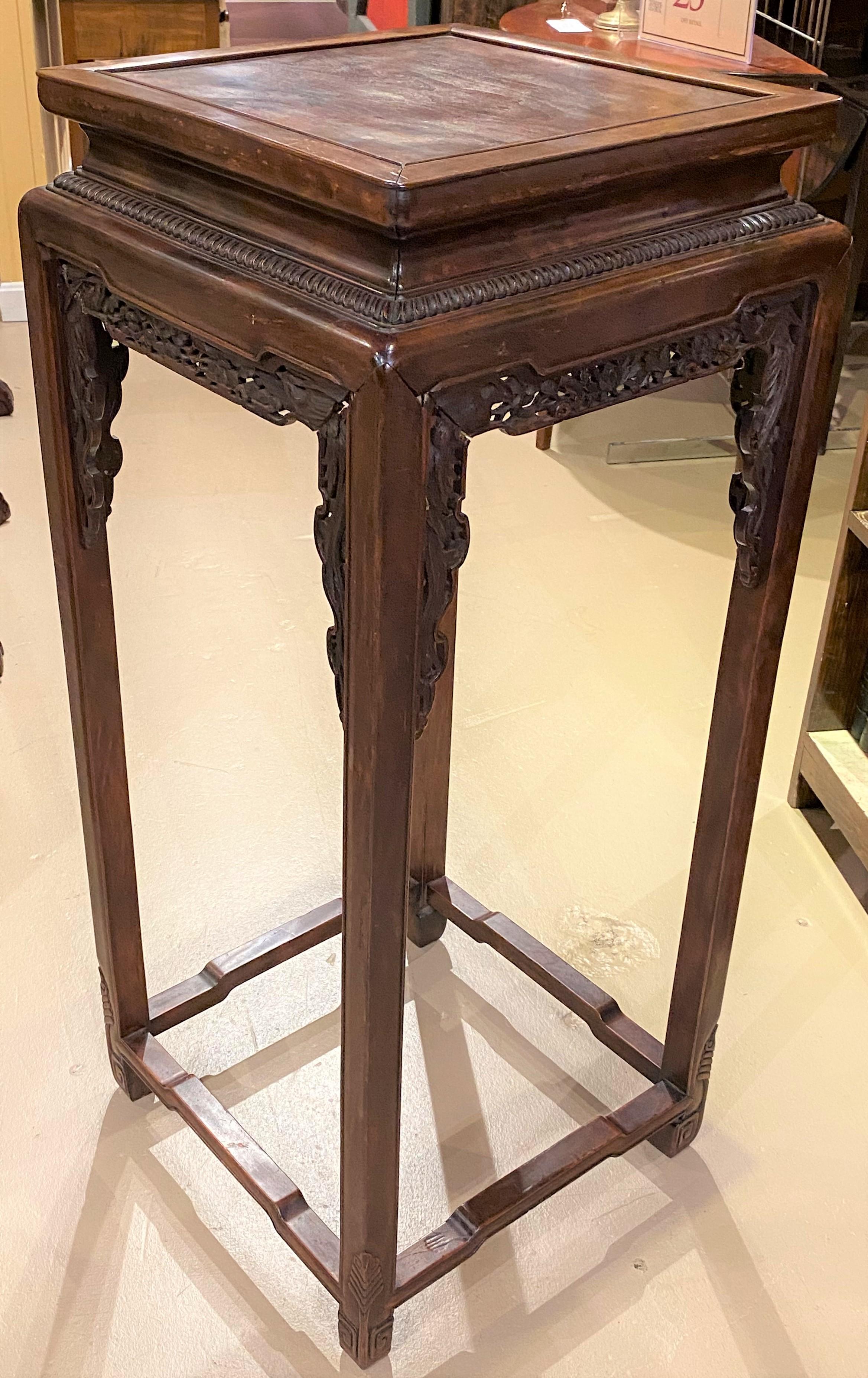 20th Century Early 20th C Tall Chinese Hardwood Side Table with Carved Bird Decoration For Sale
