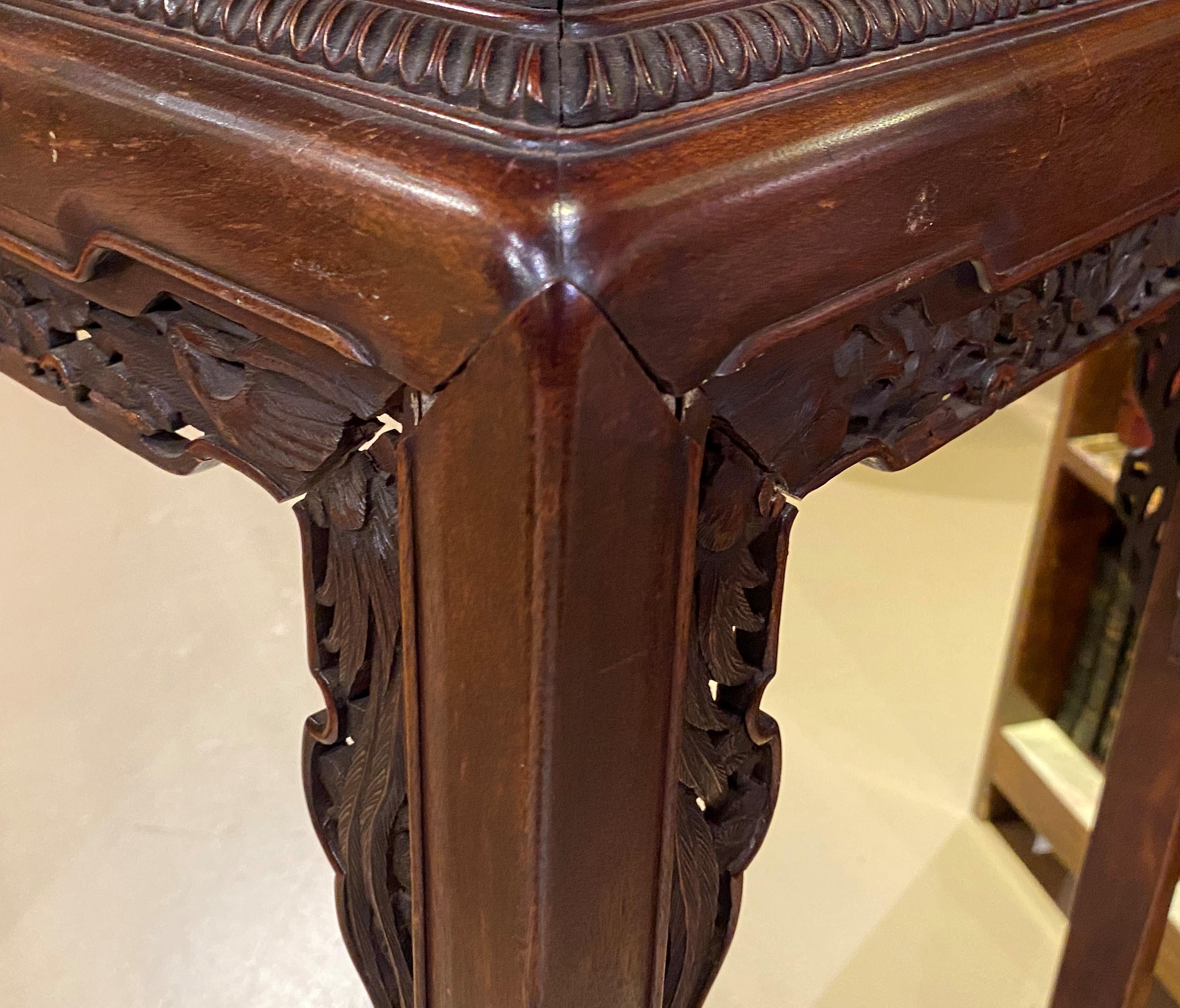 Early 20th C Tall Chinese Hardwood Side Table with Carved Bird Decoration For Sale 1