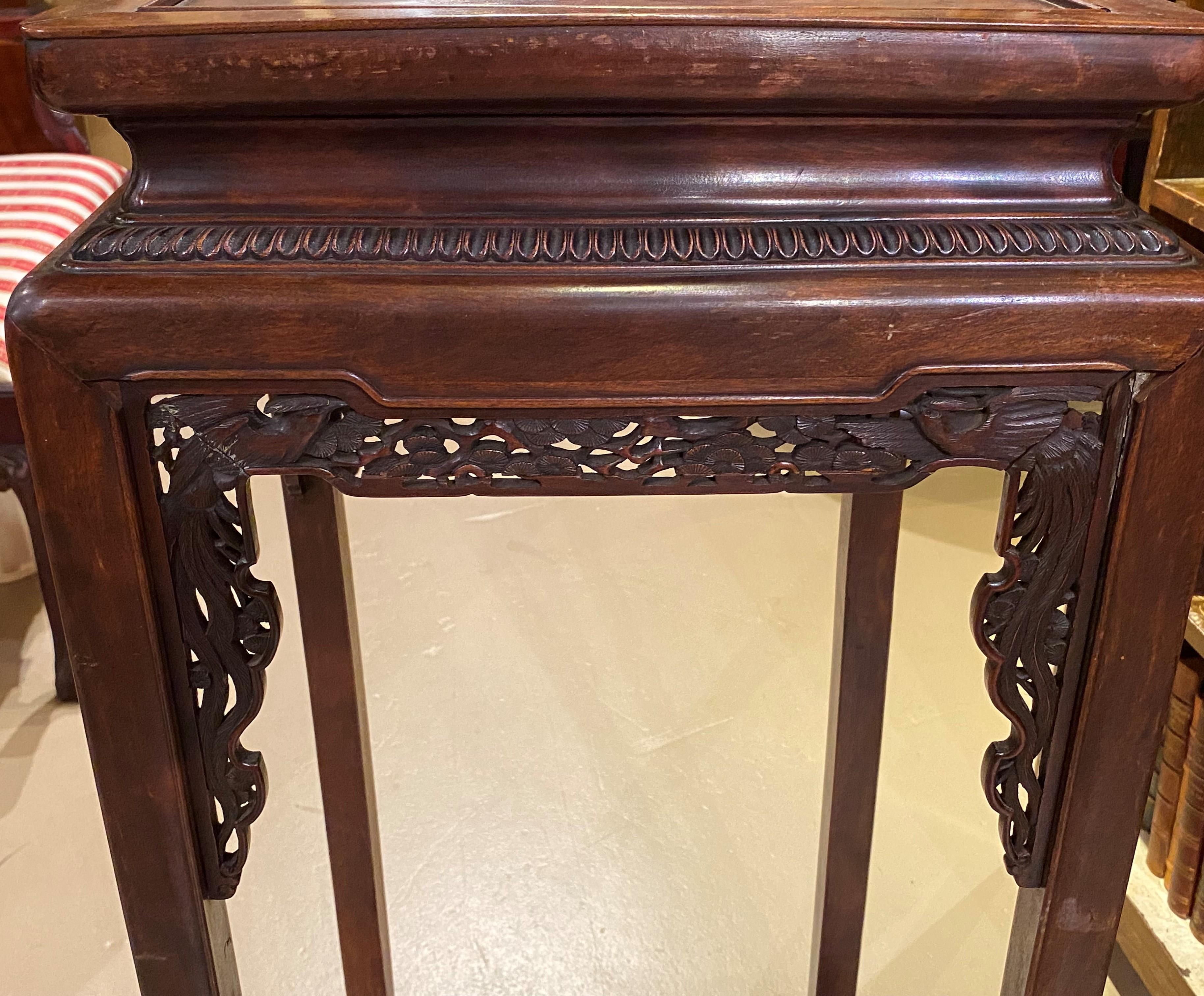 Early 20th C Tall Chinese Hardwood Side Table with Carved Bird Decoration For Sale 2