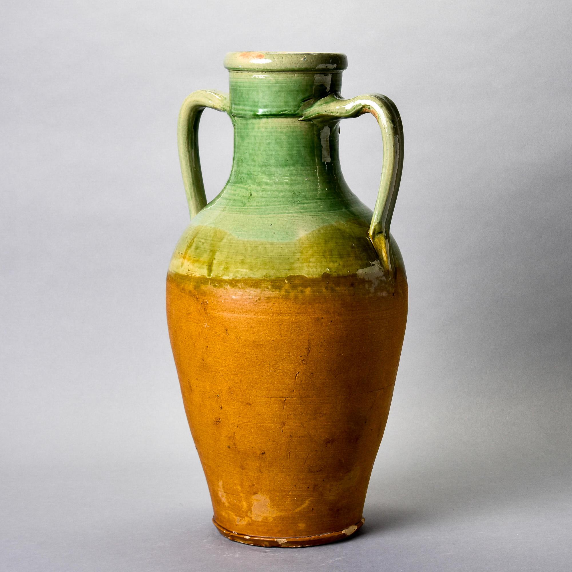 French Provincial Early 20th C Tall French Green Handled Ceramic Vessel For Sale