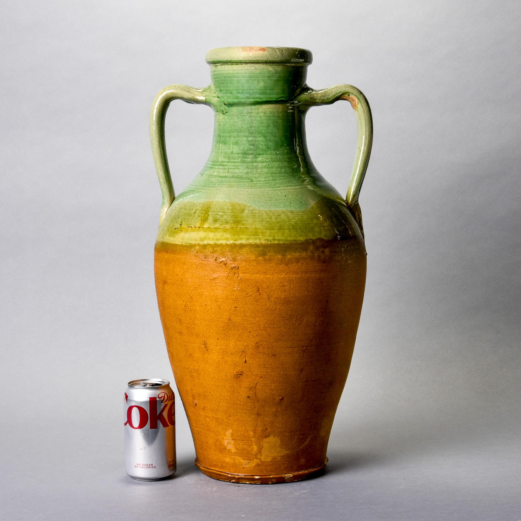 Glazed Early 20th C Tall French Green Handled Ceramic Vessel For Sale