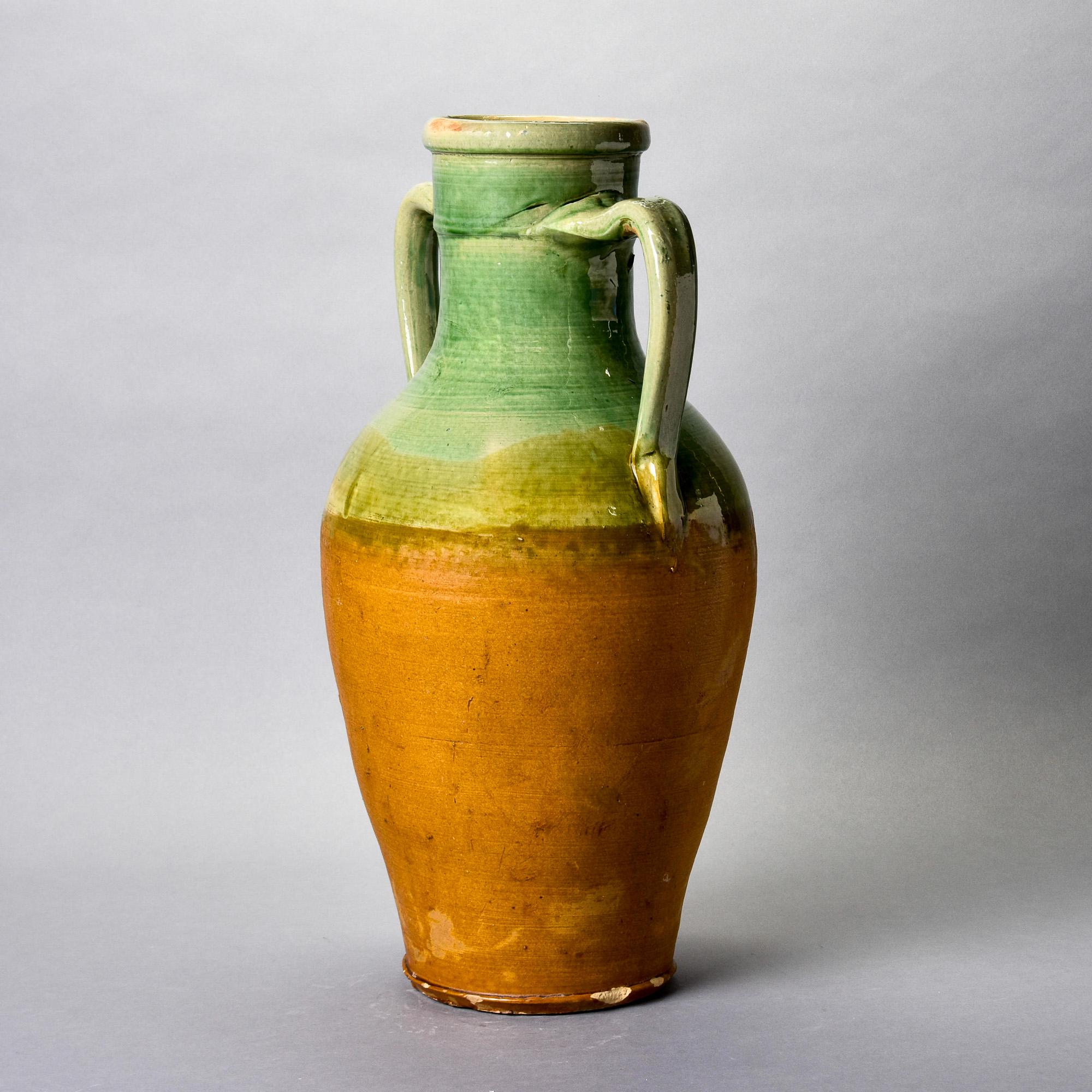 Early 20th C Tall French Green Handled Ceramic Vessel In Good Condition For Sale In Troy, MI