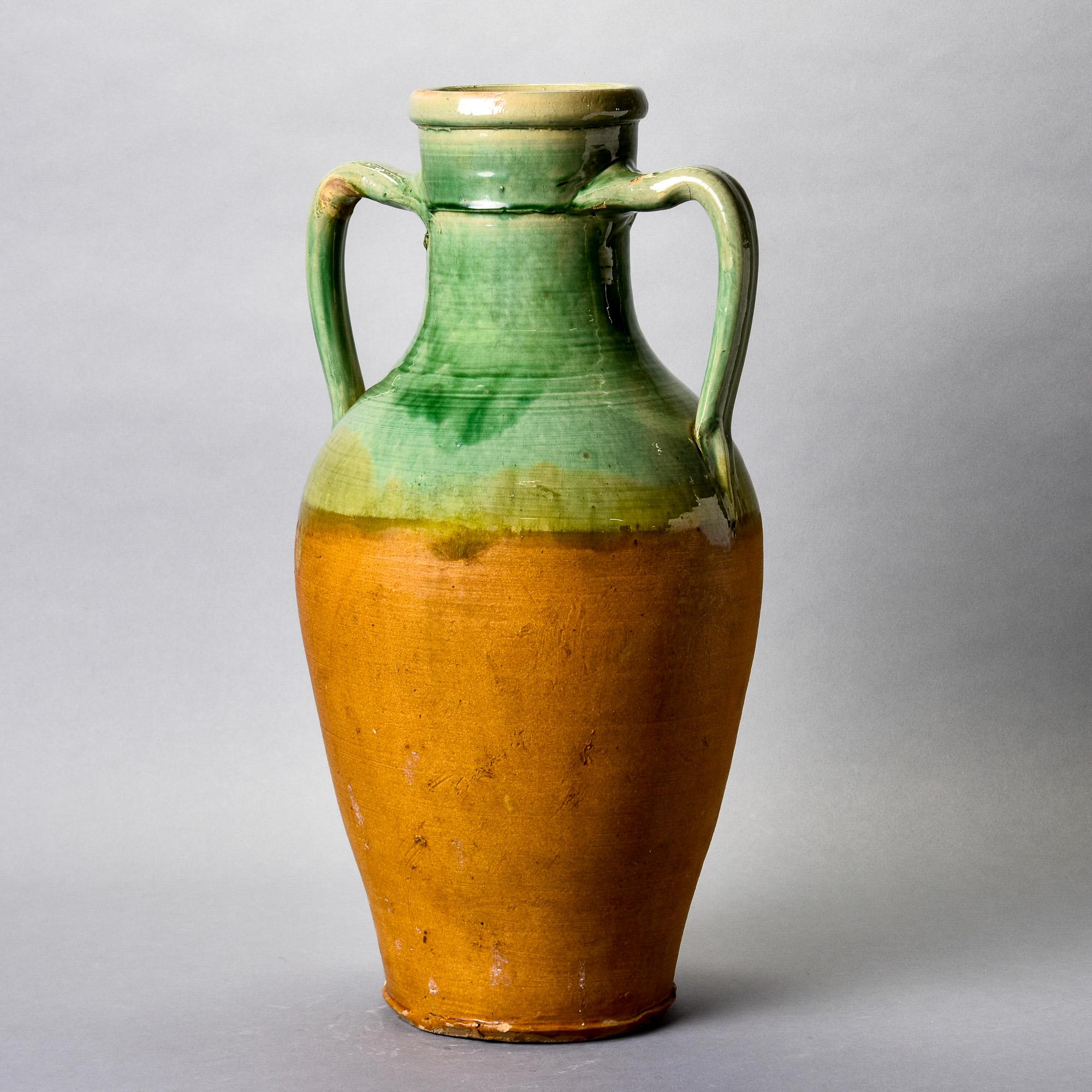 Early 20th C Tall French Green Handled Ceramic Vessel For Sale 1