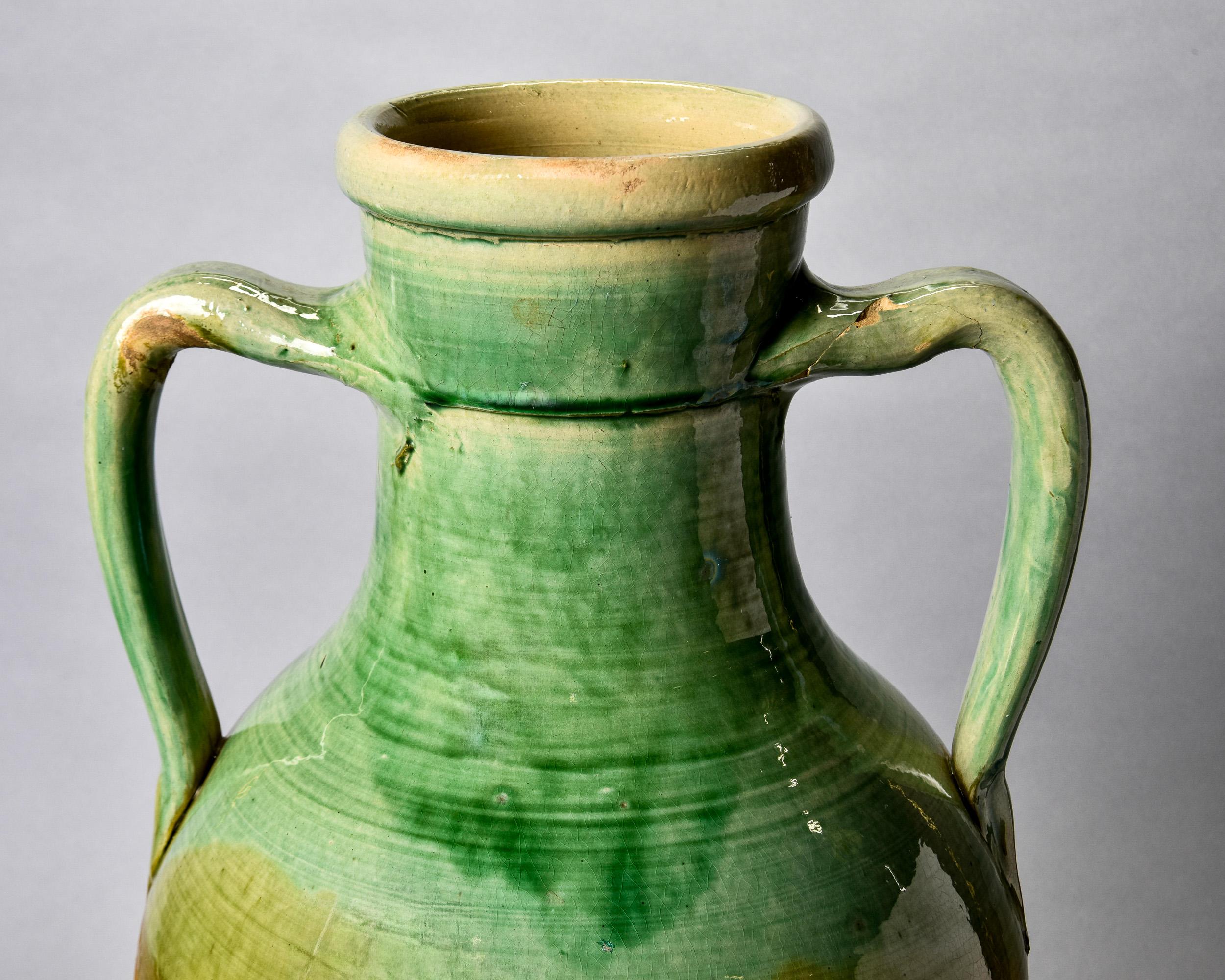 Early 20th C Tall French Green Handled Ceramic Vessel For Sale 2