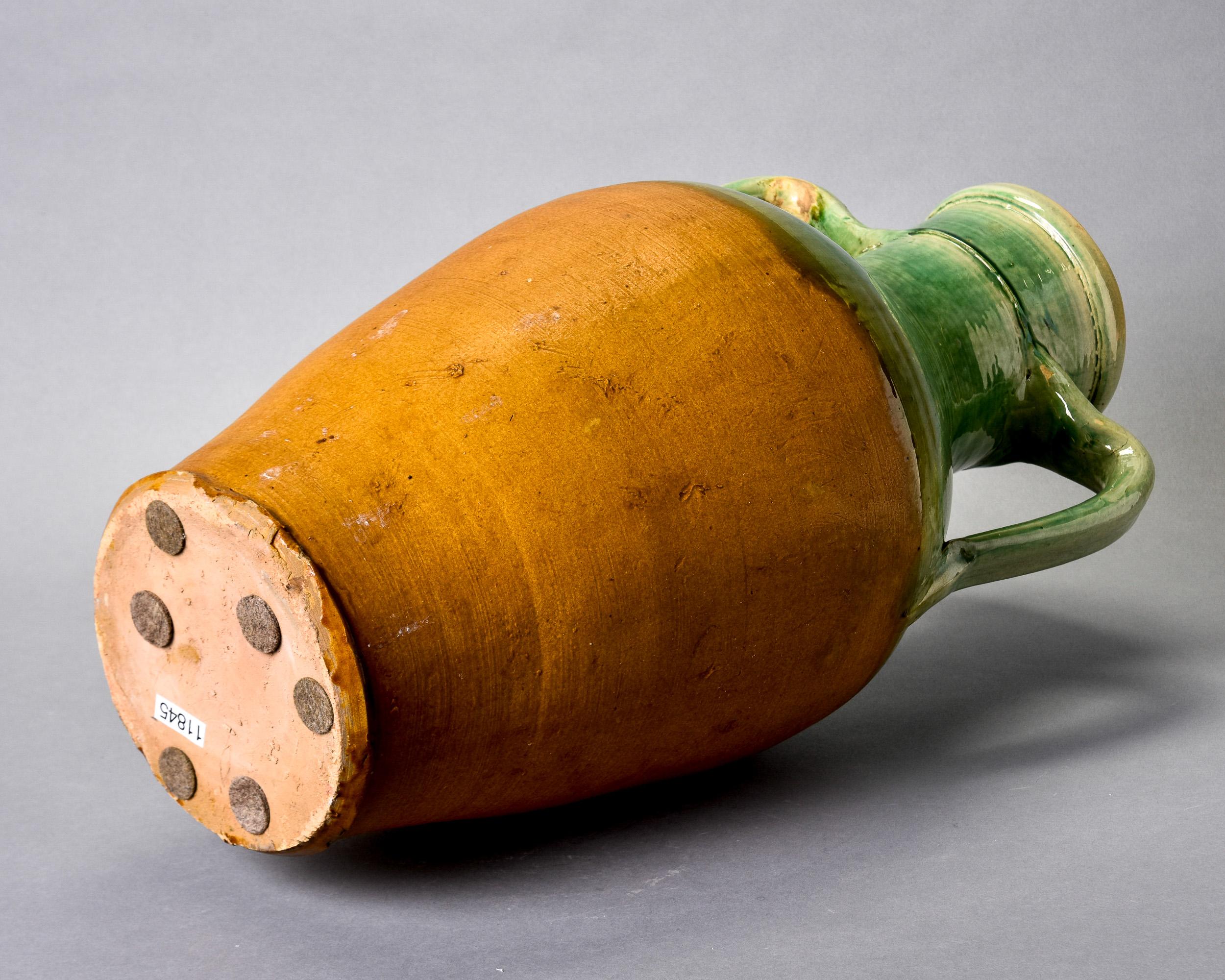 Early 20th C Tall French Green Handled Ceramic Vessel For Sale 3
