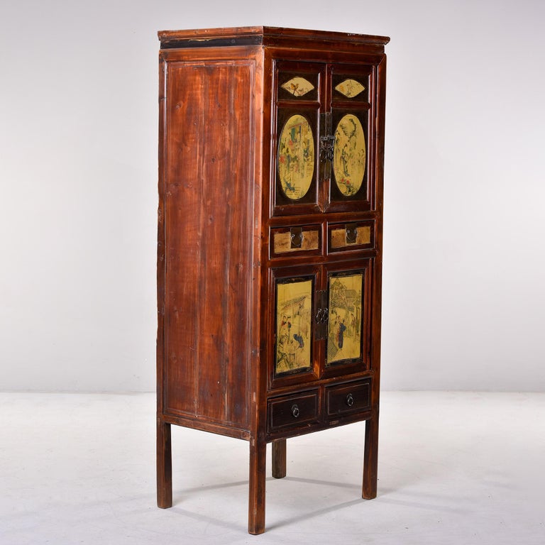 Chinese Export Early 20th C Tall Narrow Chinese Cabinet with Painted Opera Scenes For Sale