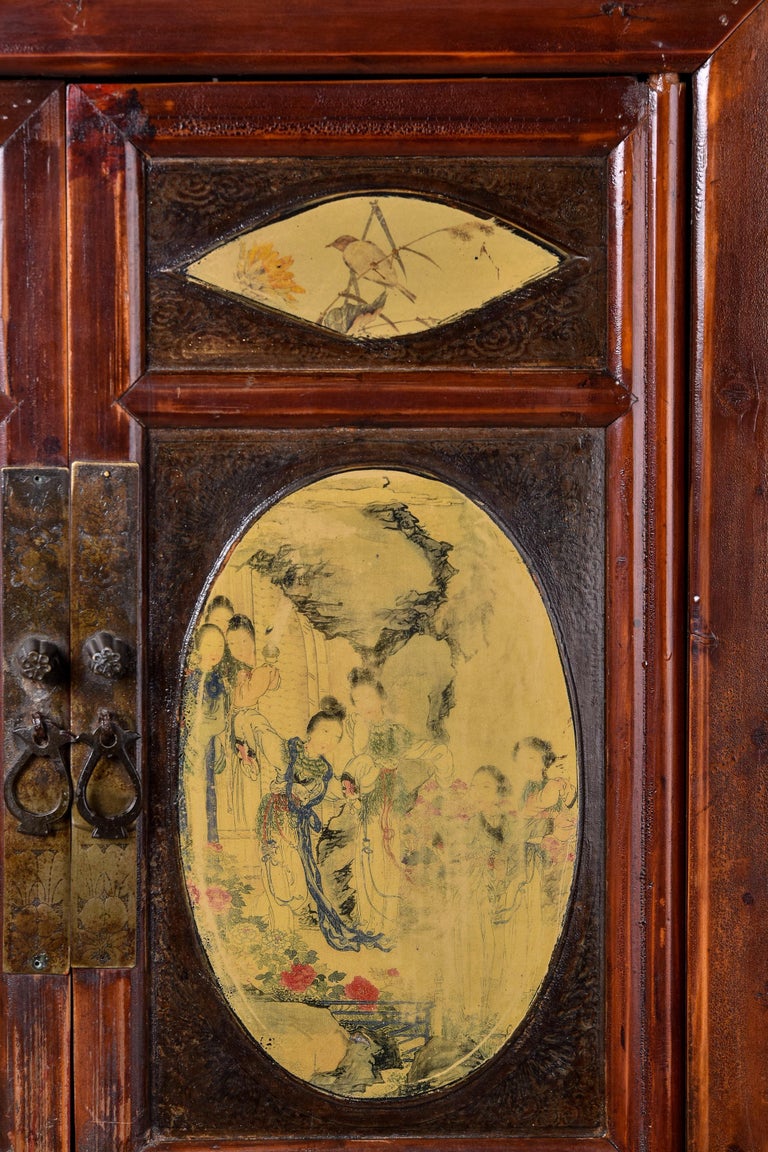 20th Century Early 20th C Tall Narrow Chinese Cabinet with Painted Opera Scenes For Sale