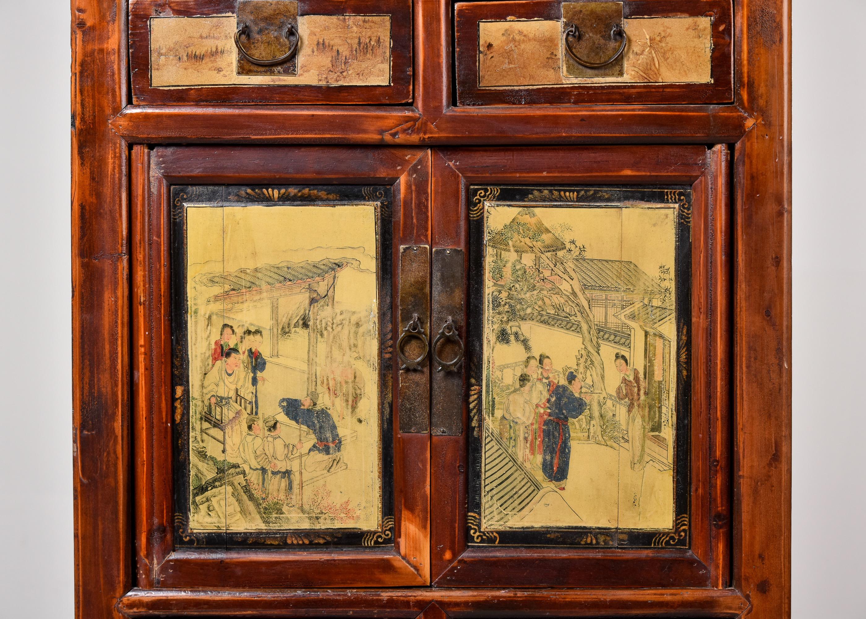 Chinese Export Early 20th C Tall Narrow Chinese Cabinet with Painted Opera Scenes For Sale