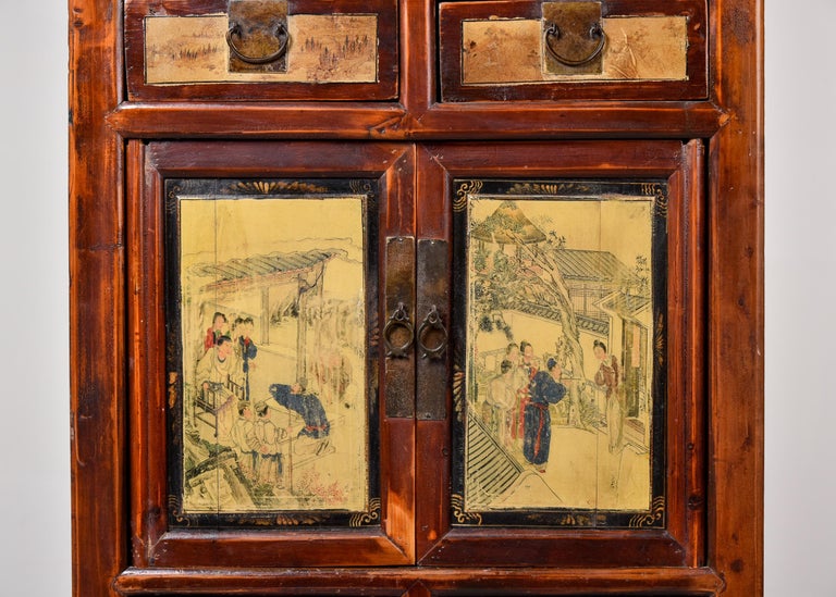 Brass Early 20th C Tall Narrow Chinese Cabinet with Painted Opera Scenes For Sale