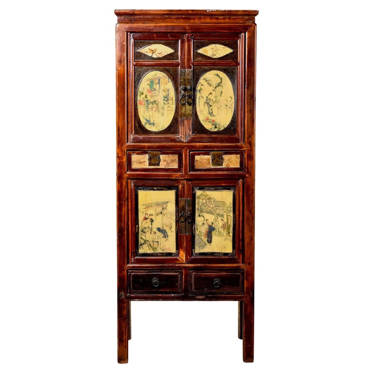 Early 20th C Tall Narrow Chinese Cabinet with Painted Opera Scenes For Sale