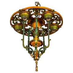 Antique Early 20th C. Tawny & Green Cast Metal Carousel Semi Flush Chandelier