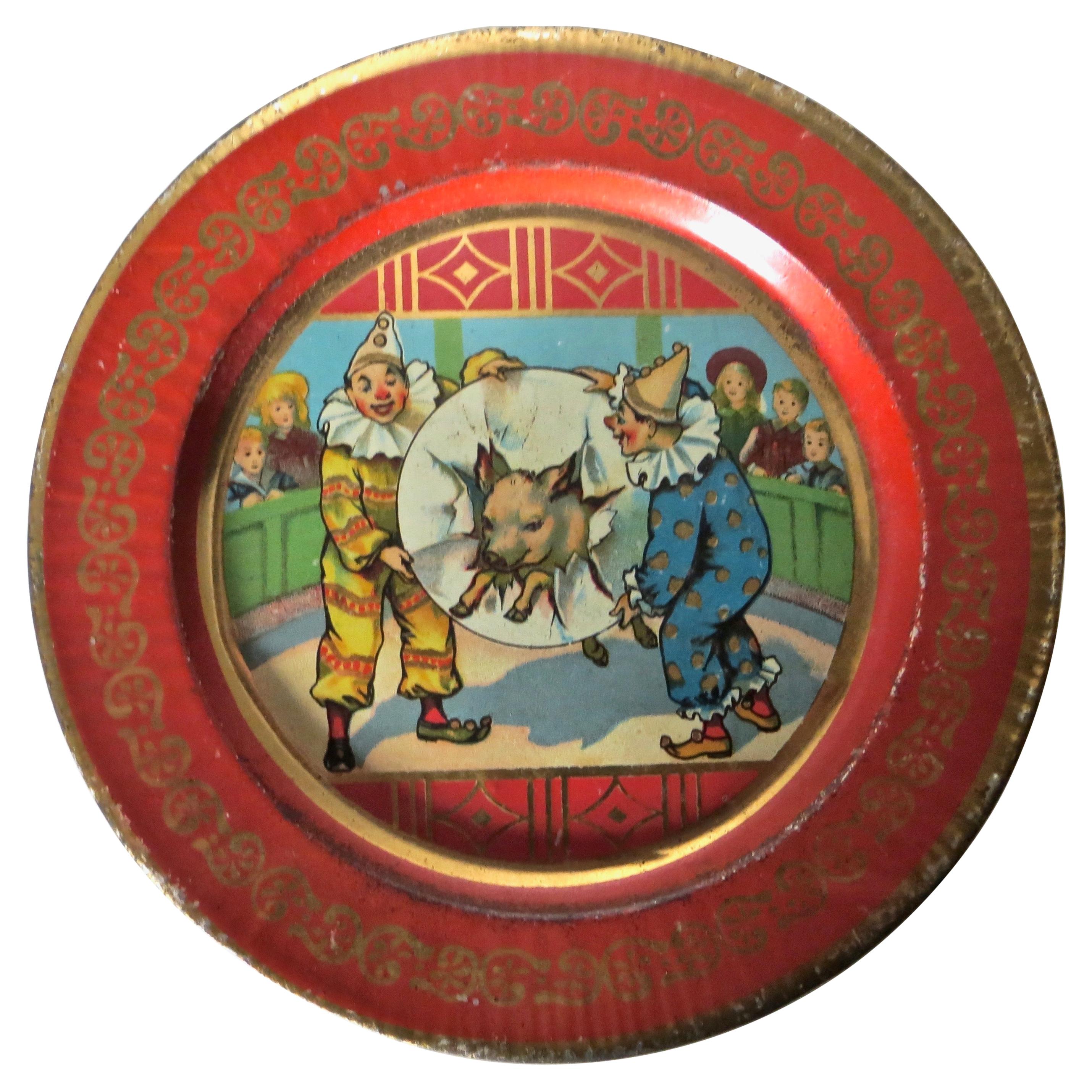 Early 20th C. Tin Tip Tray, Clown and Pig Theme For Sale