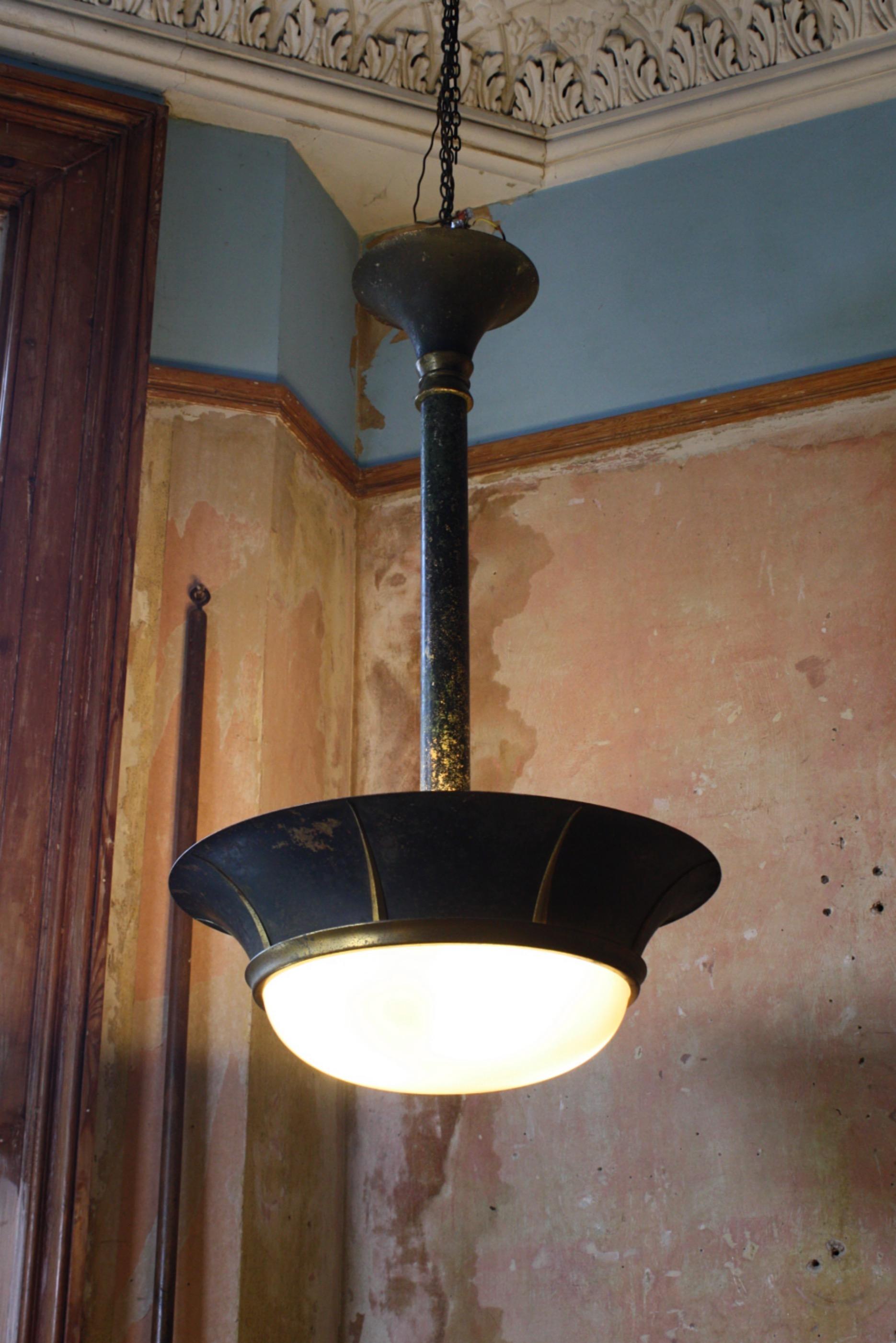 French Early 20th C Toleware Regency Style Holophane Pendant Plafonnier Light Lantern