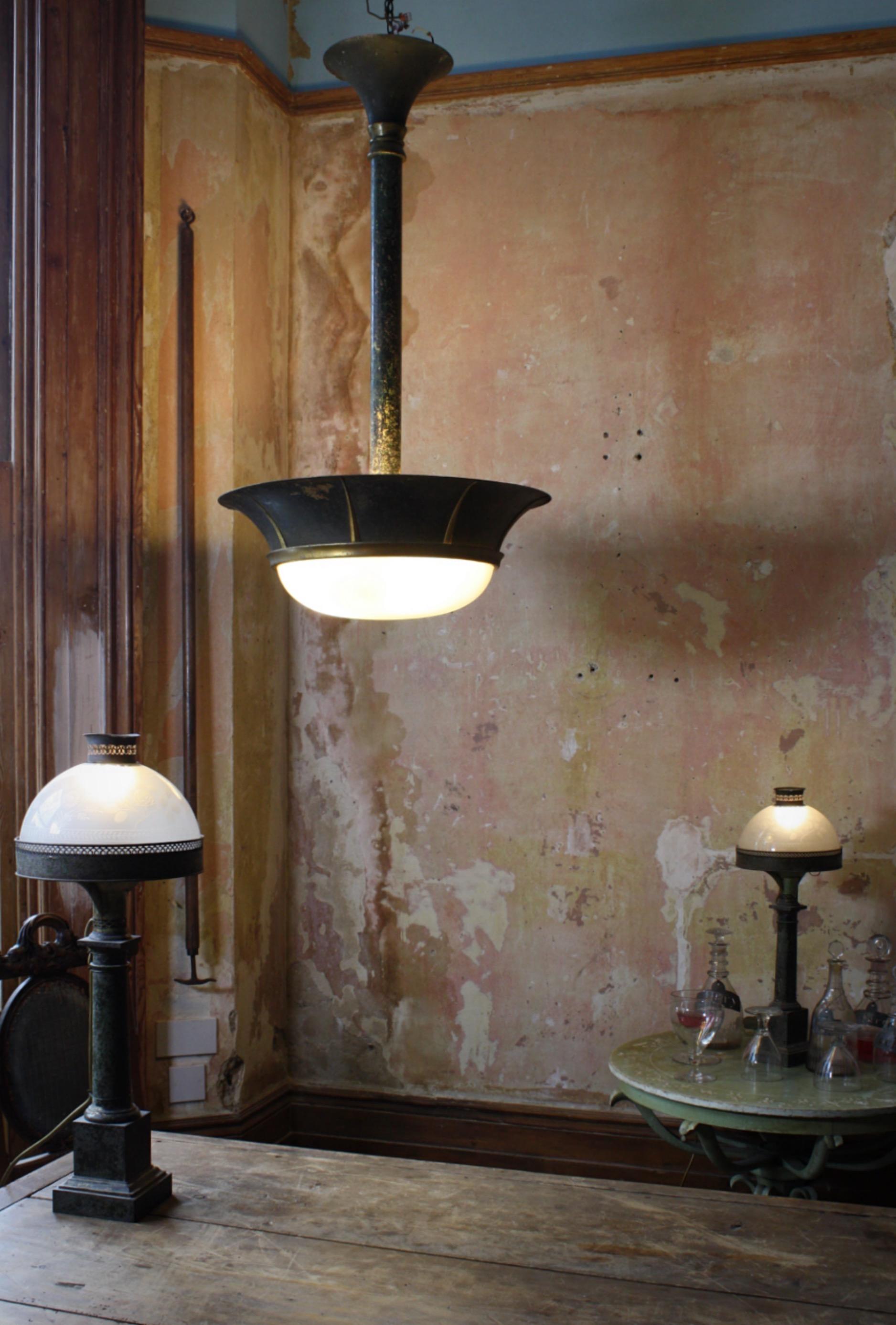 Early 20th C Toleware Regency Style Holophane Pendant Plafonnier Light Lantern In Good Condition In Lowestoft, GB