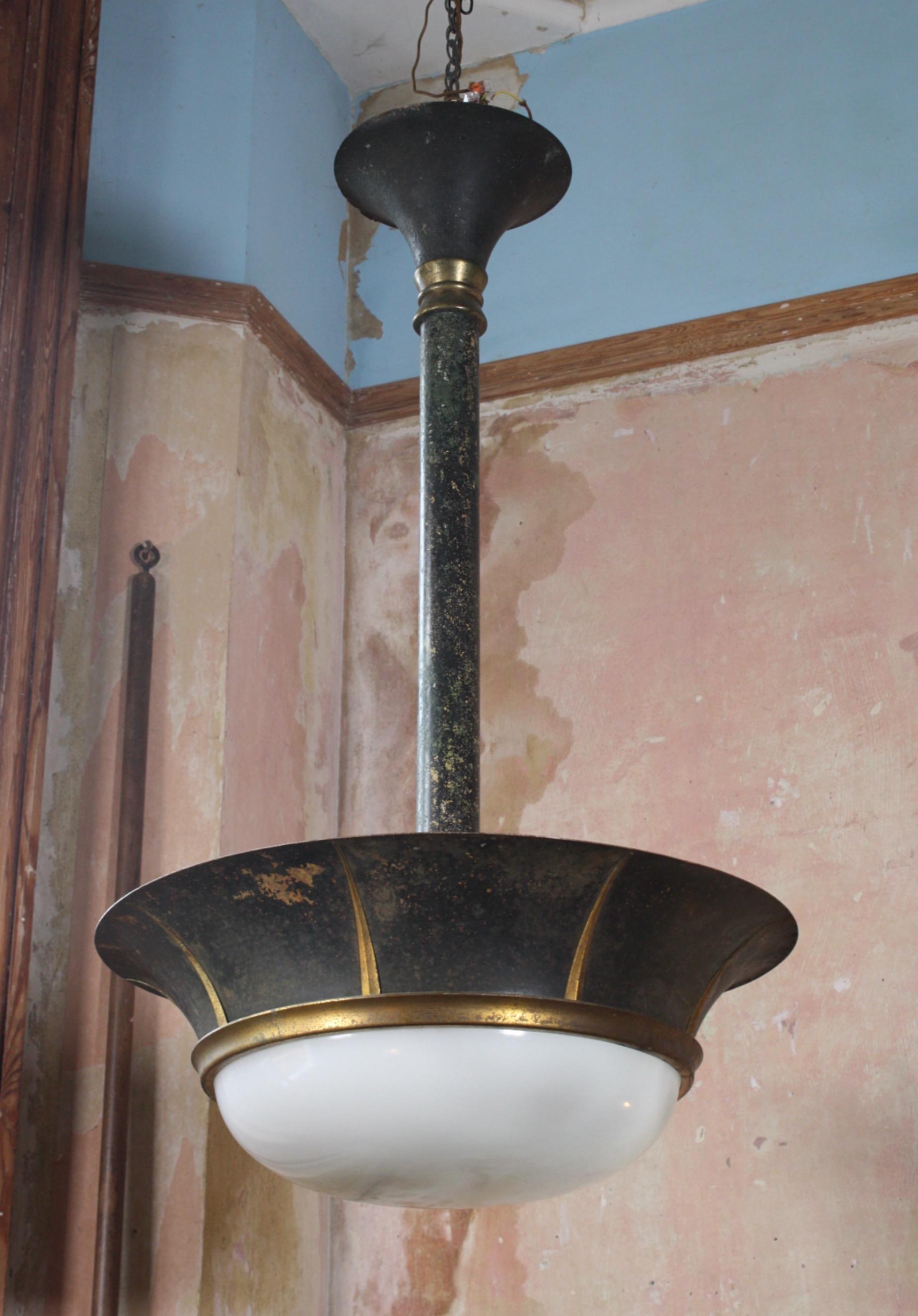 Metal Early 20th C Toleware Regency Style Holophane Pendant Plafonnier Light Lantern