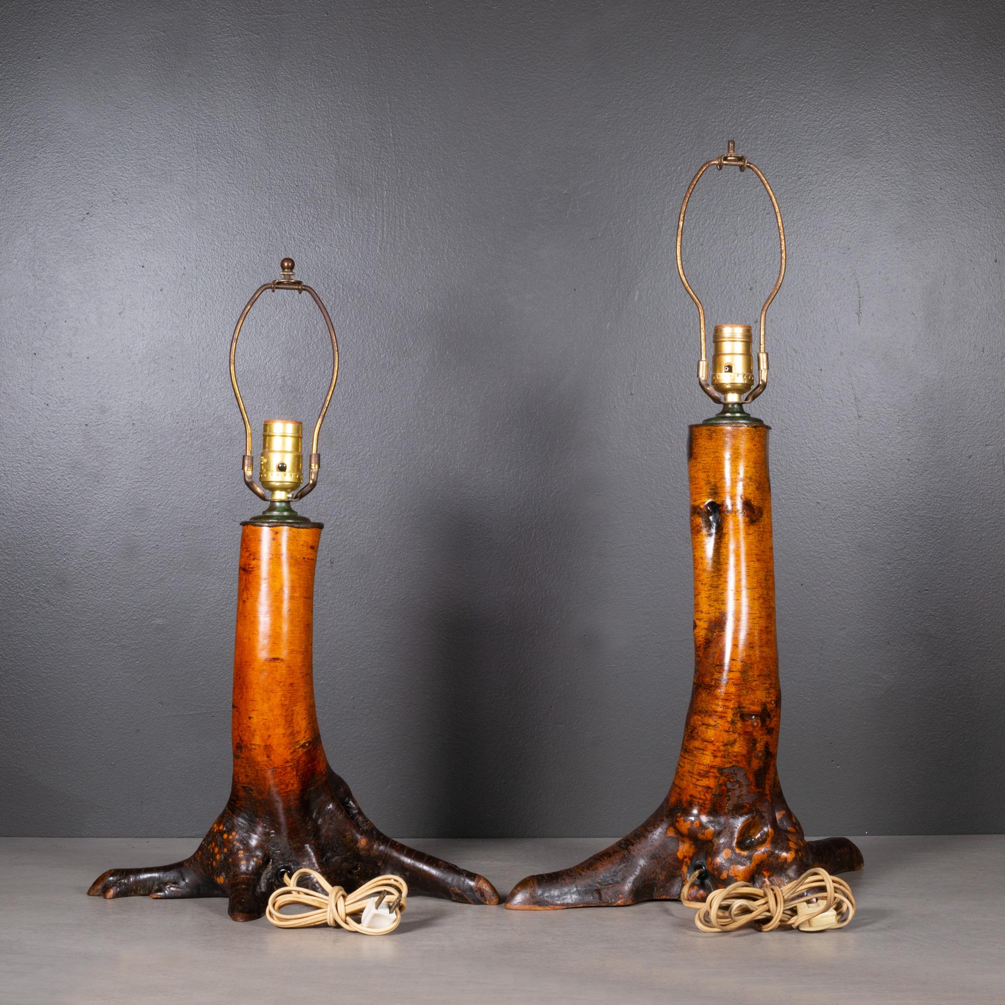 American Early 20th c. Birch Trunk Lamps with Bronze Collars c.1920-1940 For Sale
