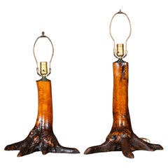 Early 20th c. Birch Trunk Lamps with Bronze Collars c.1920-1940