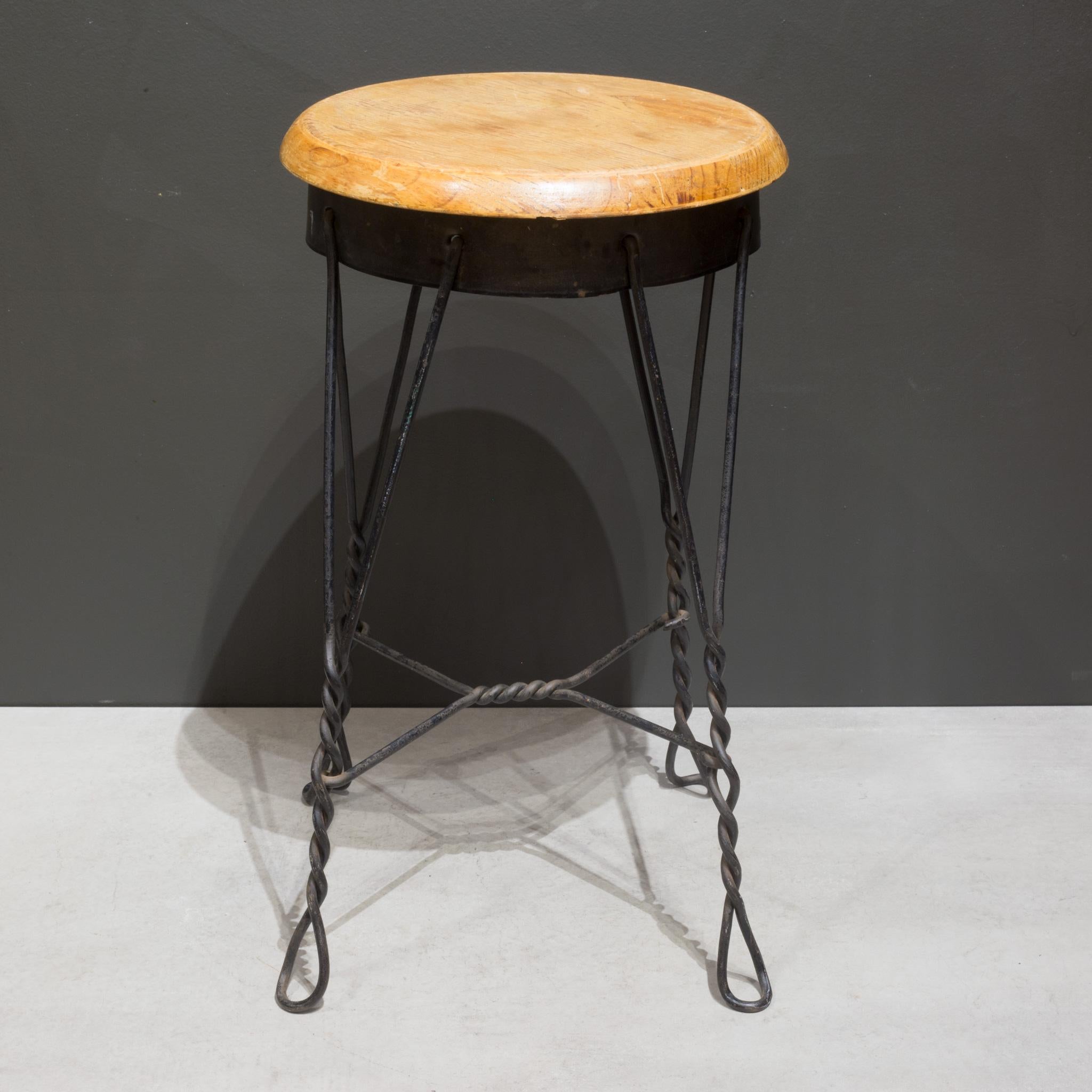 About

An original early 20th century twisted wire fixed small stool. The round stool seat is made of solid oak wood retaining the original stained finish.

Creator unknown.
Date of manufacture c.1920-1940.
Materials & techniques steel,