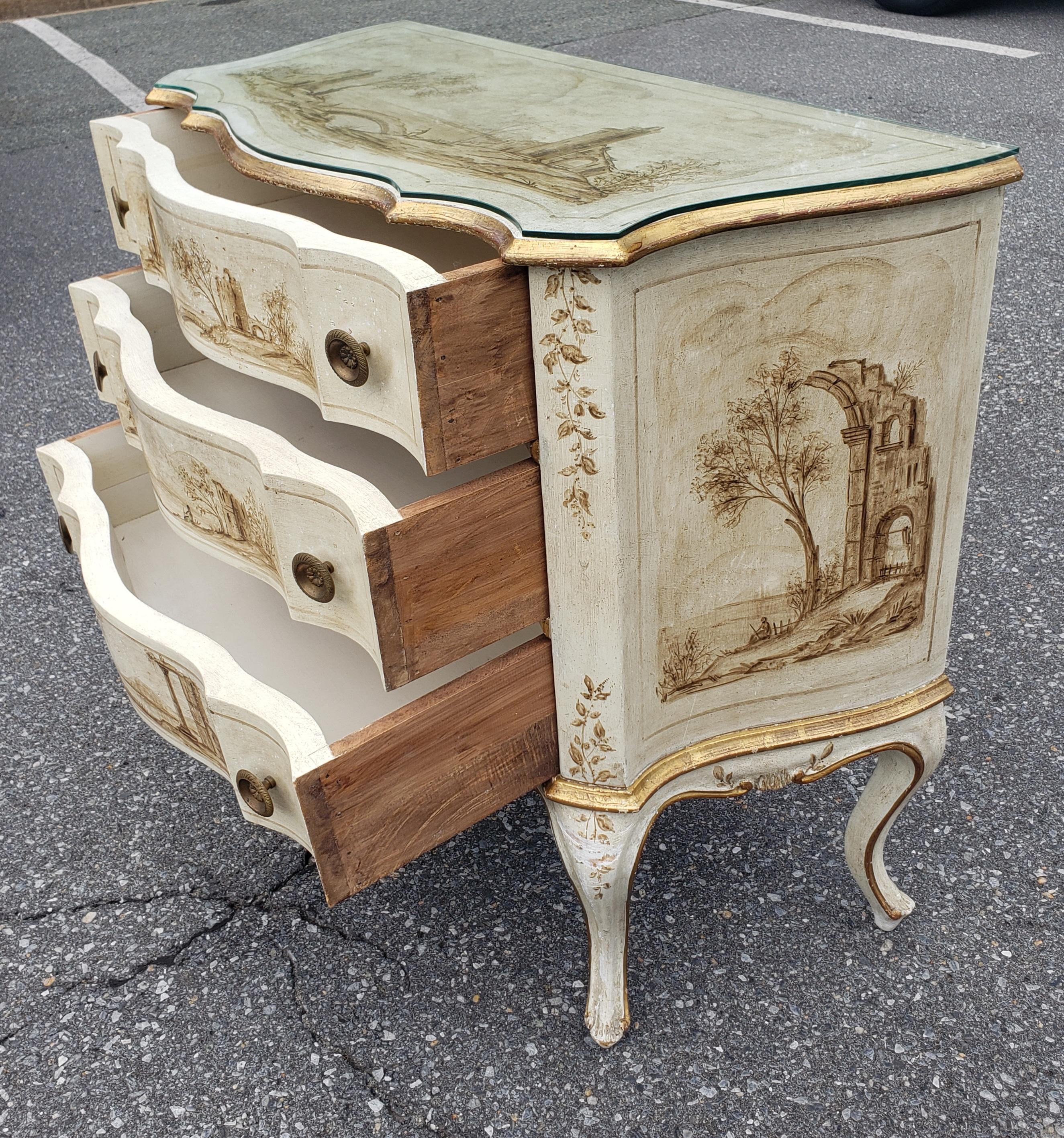 Early 20th C. Venetian Hand-Painted and Decorated Partial Gilt Commode w/ Glass For Sale 3