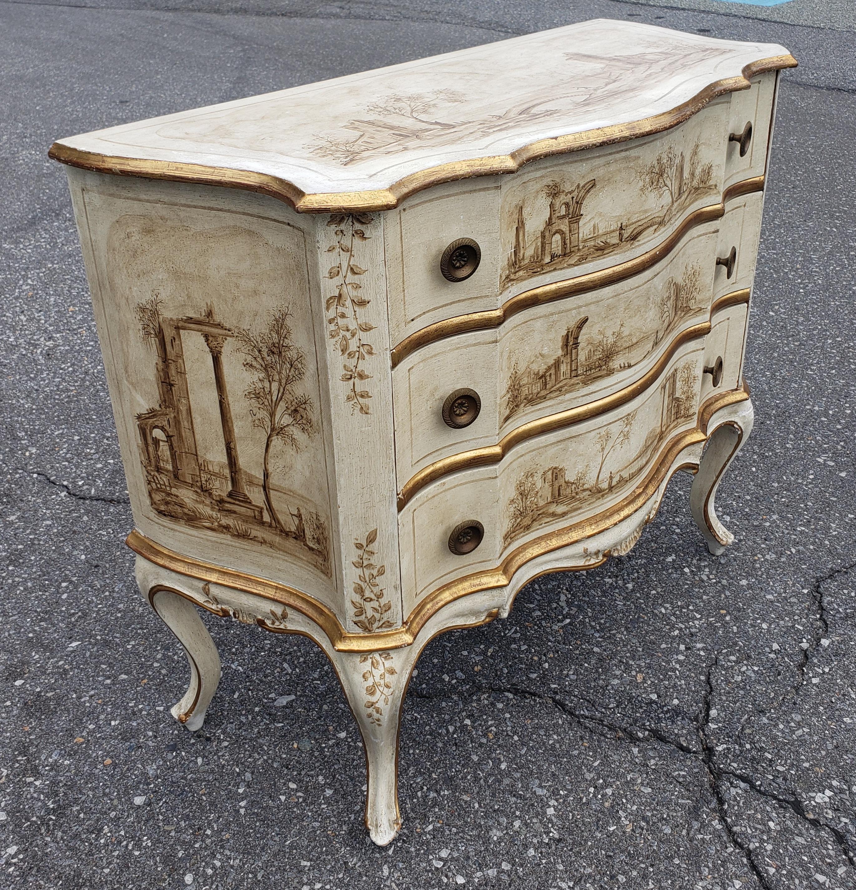 Early 20th C. Venetian Hand-Painted and Decorated Partial Gilt Commode w/ Glass For Sale 5