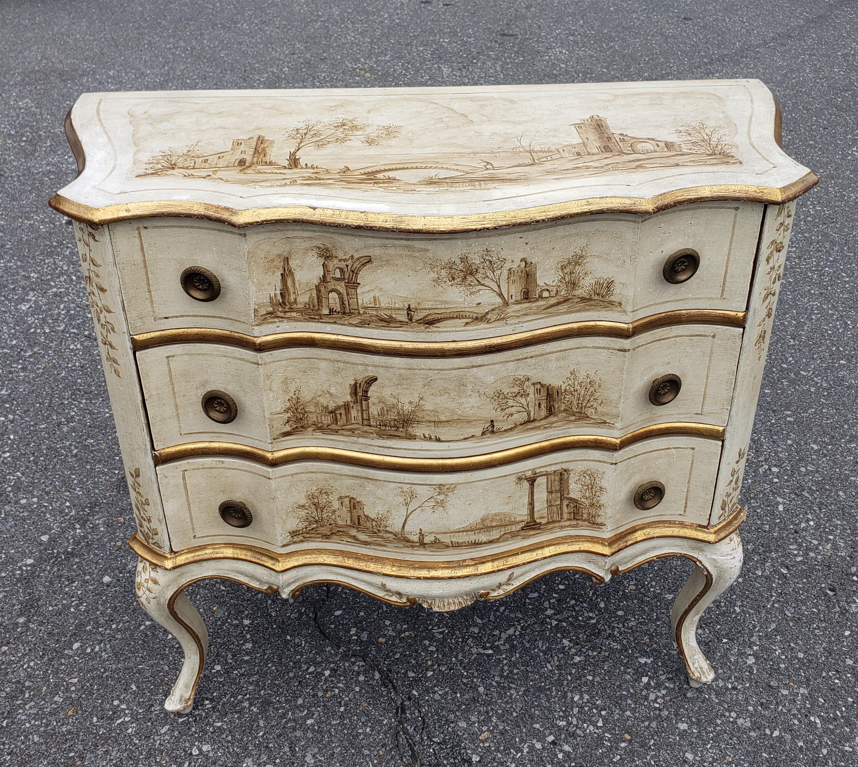 Absolutely gorgeous Louis XV style Venetian Four Sided Hand-Painted and Decorated Partial Gilt Commode with protective Glass Top.  Each of the four side painting depicts a different scene. Brown colir paintings on off-withe background and Giltwood