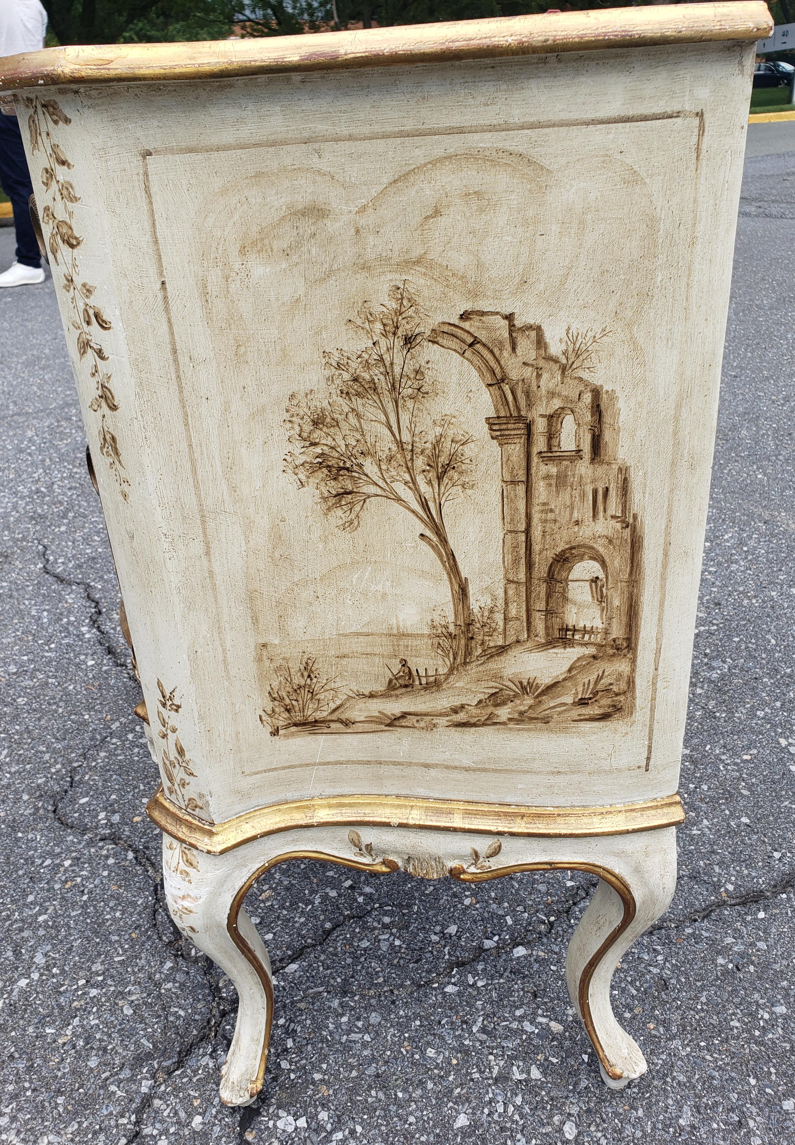 Italian Early 20th C. Venetian Hand-Painted and Decorated Partial Gilt Commode w/ Glass For Sale