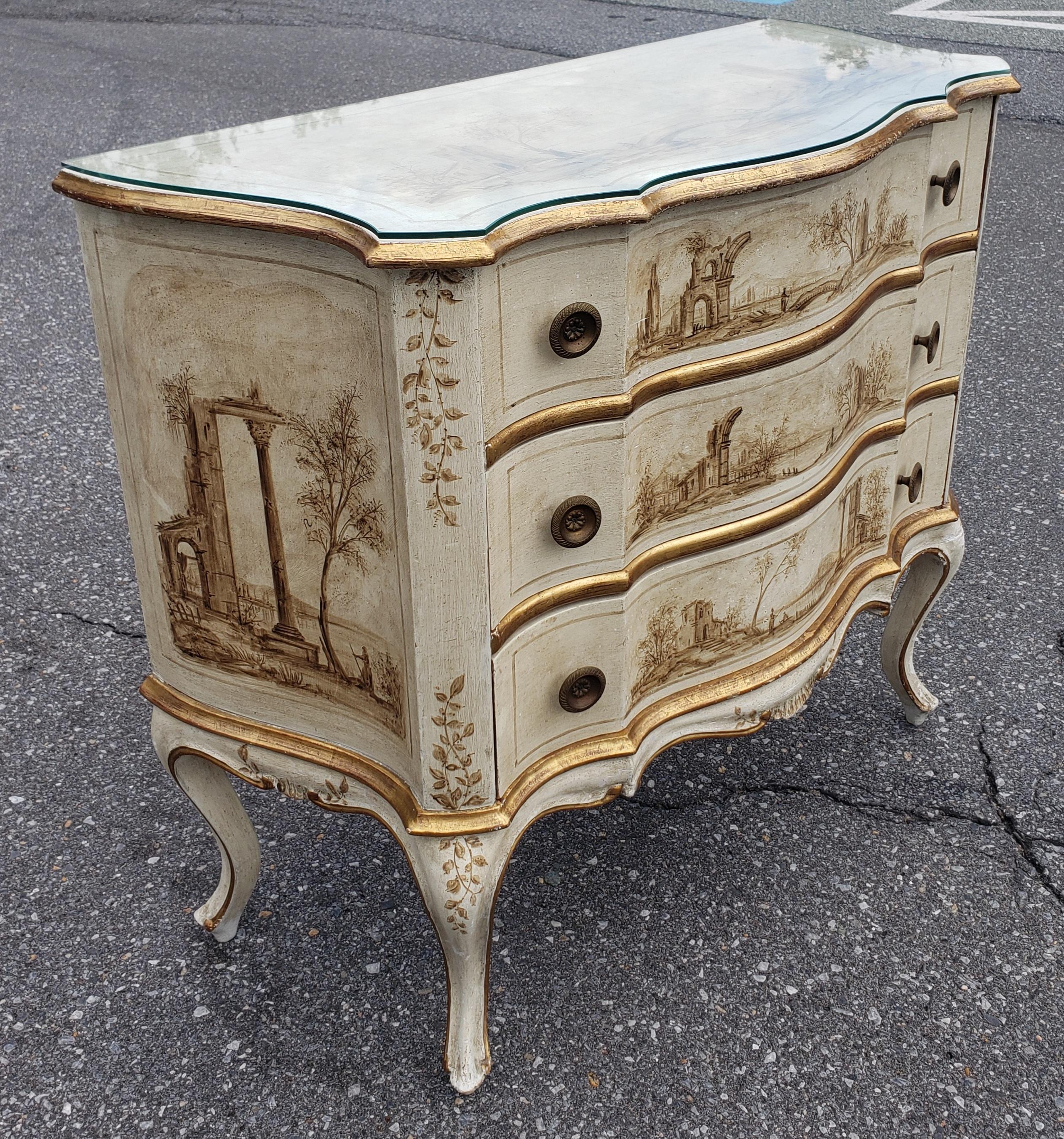 20th Century Early 20th C. Venetian Hand-Painted and Decorated Partial Gilt Commode w/ Glass For Sale