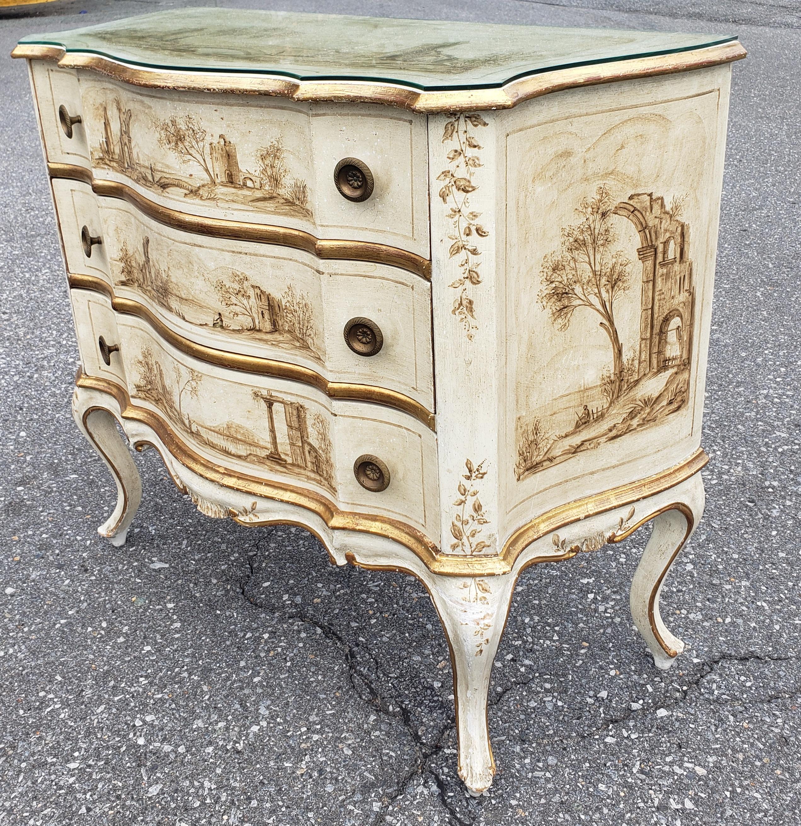 Hardwood Early 20th C. Venetian Hand-Painted and Decorated Partial Gilt Commode w/ Glass For Sale