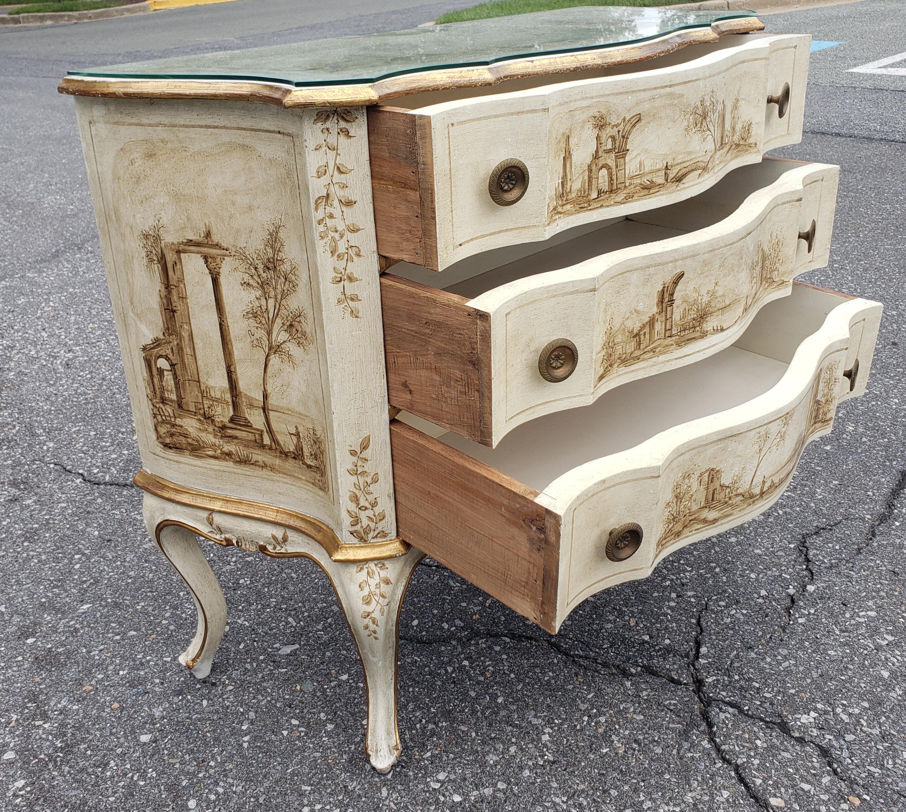 Early 20th C. Venetian Hand-Painted and Decorated Partial Gilt Commode w/ Glass For Sale 2