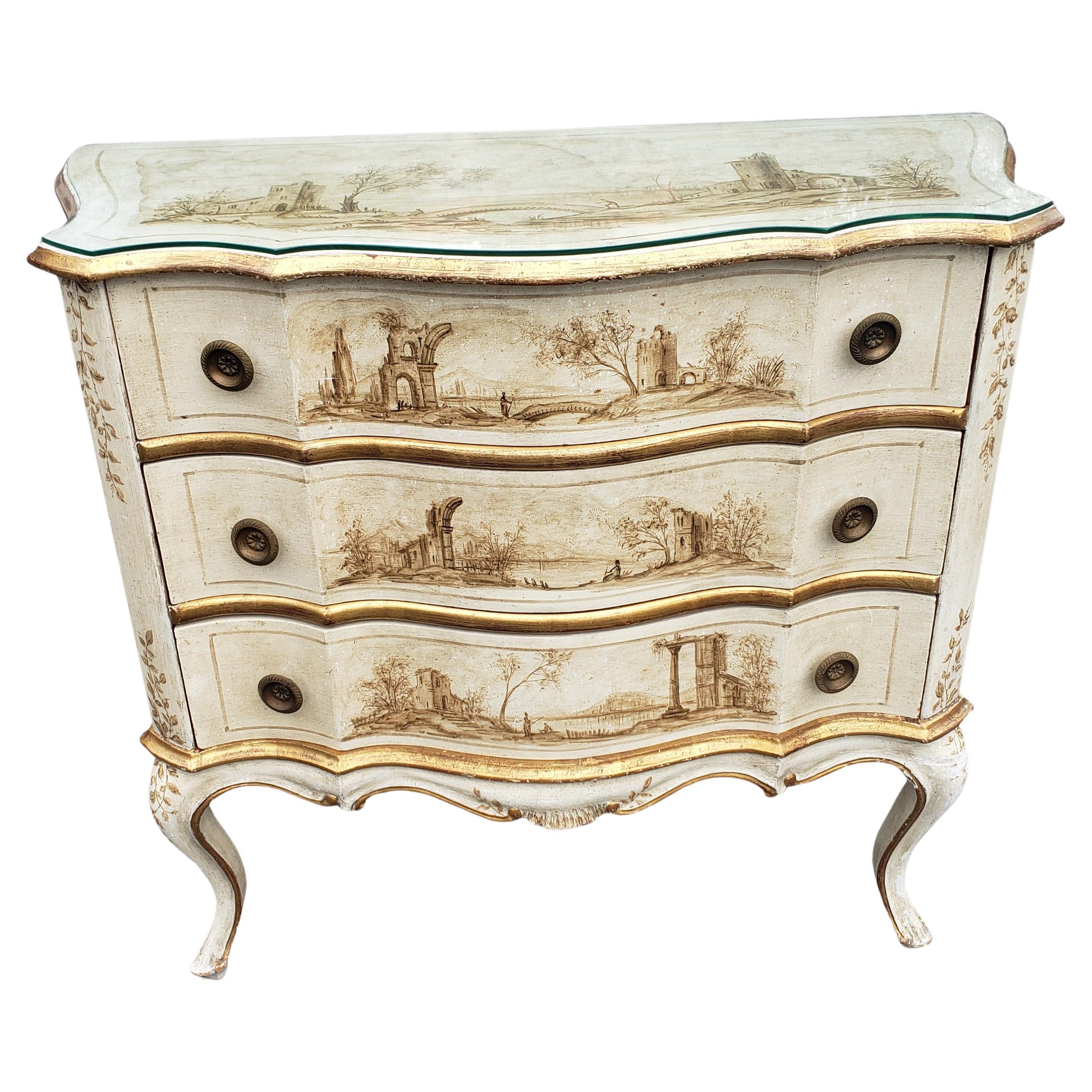 Early 20th C. Venetian Hand-Painted and Decorated Partial Gilt Commode w/ Glass For Sale
