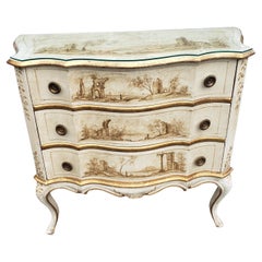 Antique Early 20th C. Venetian Hand-Painted and Decorated Partial Gilt Commode w/ Glass