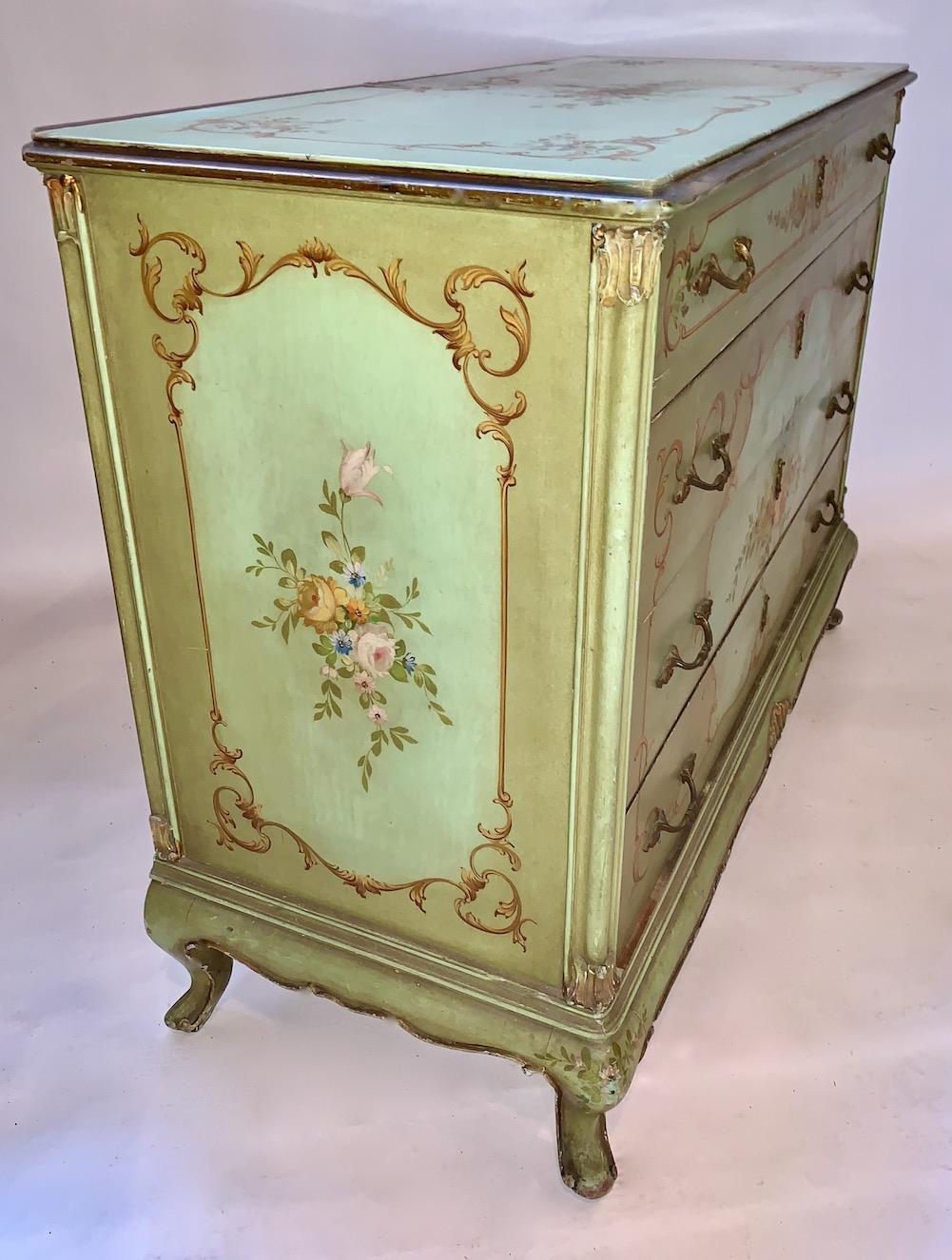 Wood Early 20th C. Venetian style Hand Painted and Decorated Partial Gilt Dresser For Sale