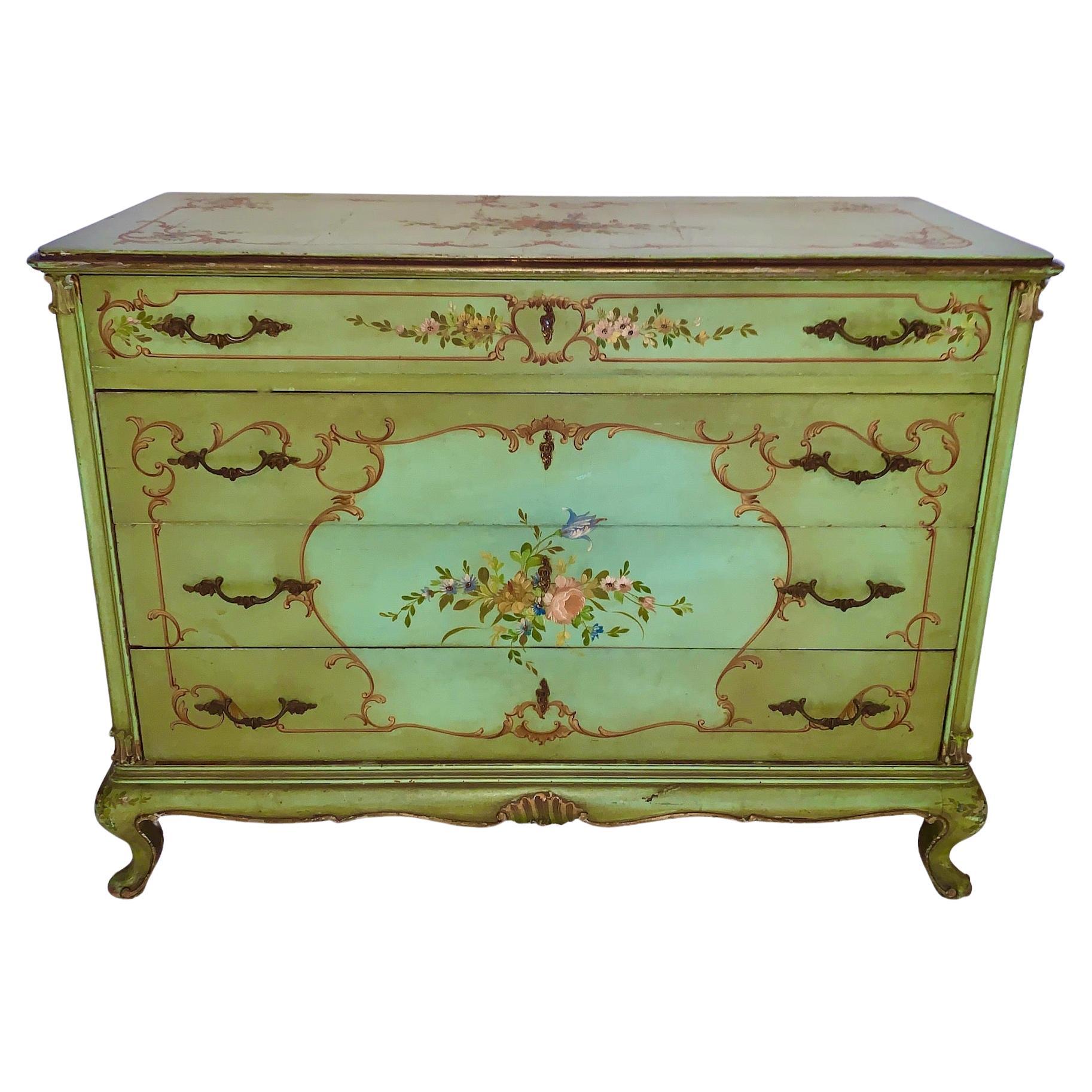 Early 20th C. Venetian style Hand Painted and Decorated Partial Gilt Dresser