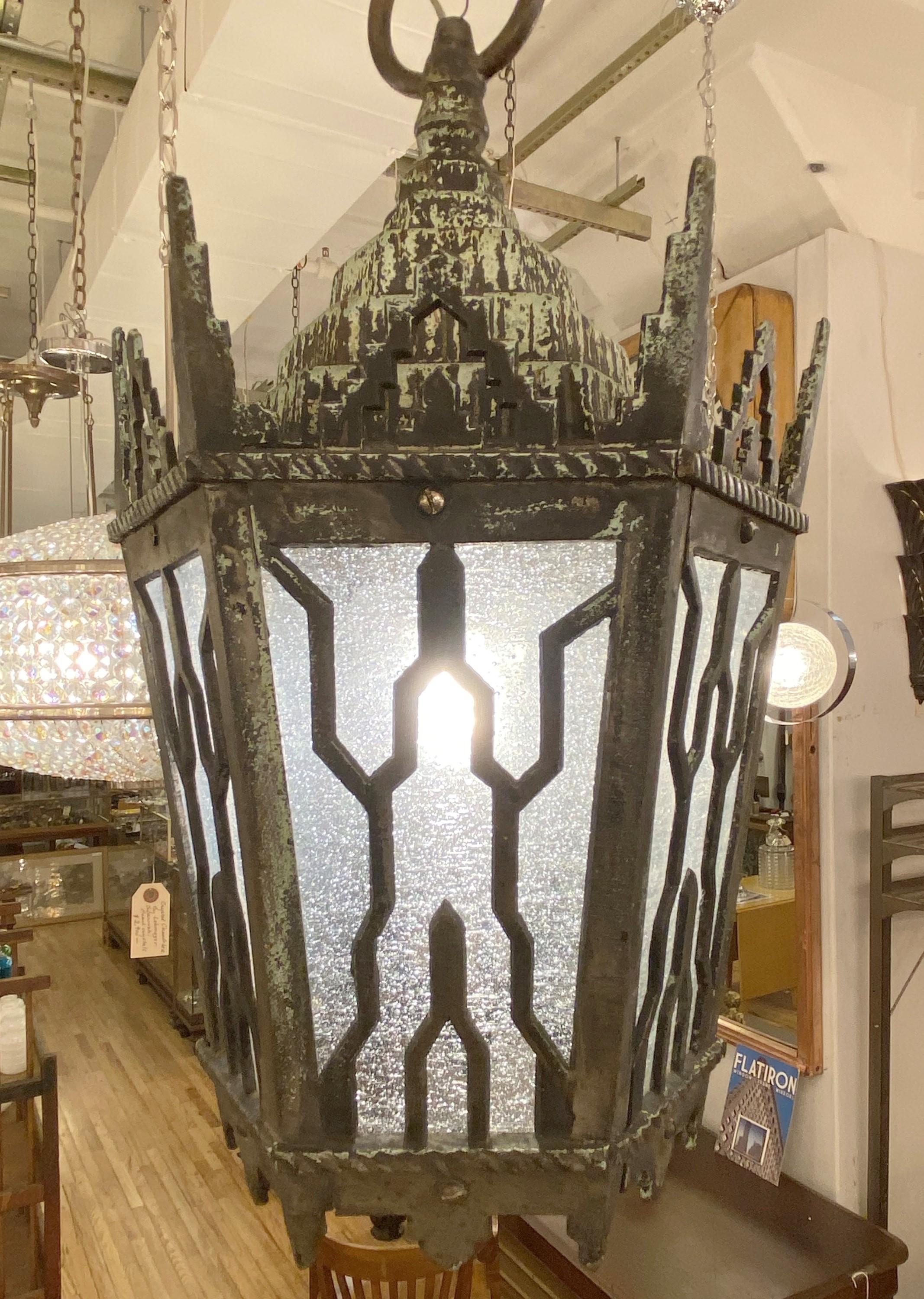 Early 20th C Vertigris Patina Bronze Exterior Foyer Lantern In Good Condition For Sale In New York, NY